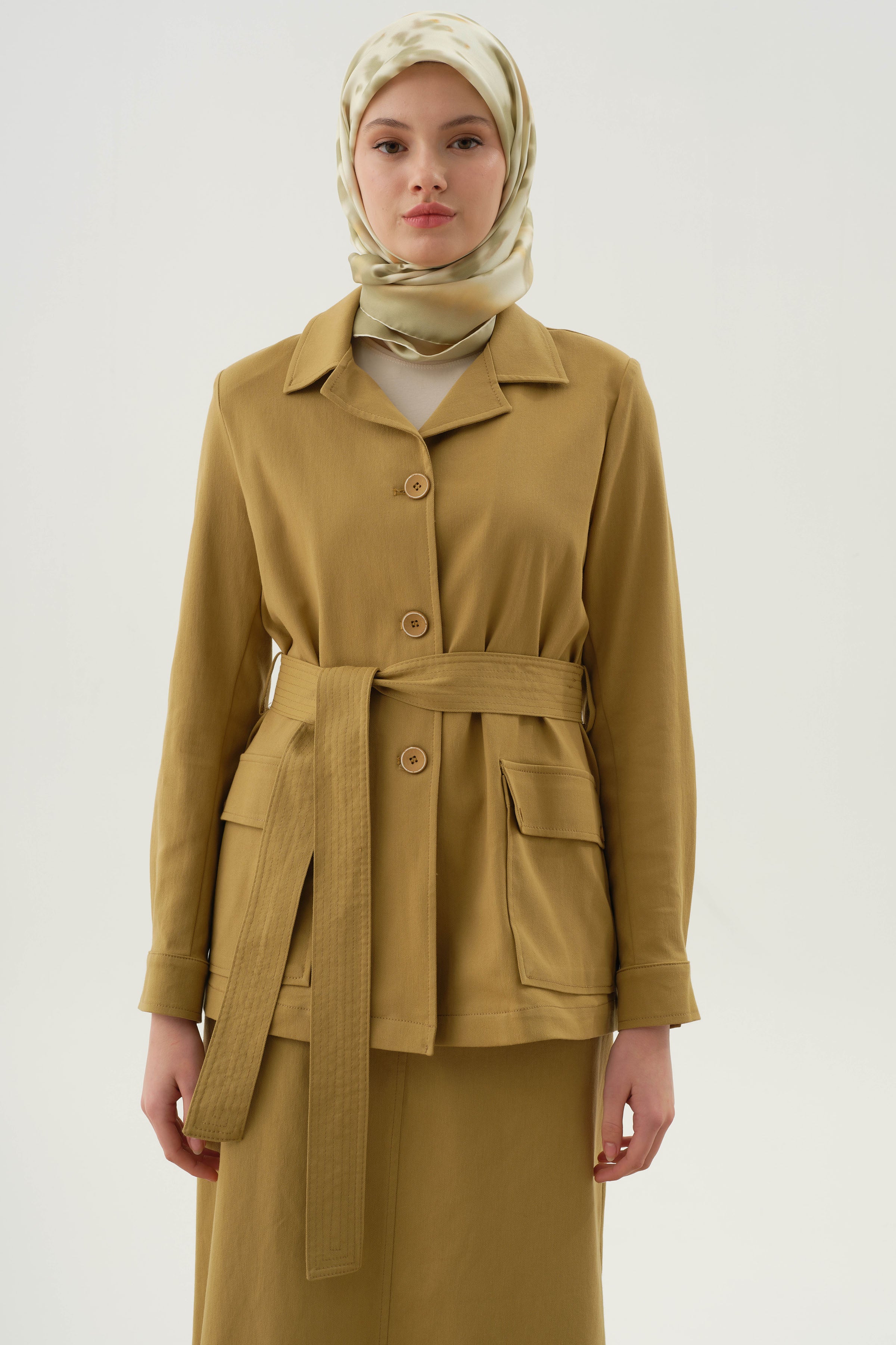 Kuşaklı Cepli Ceket - Olive TUGBA