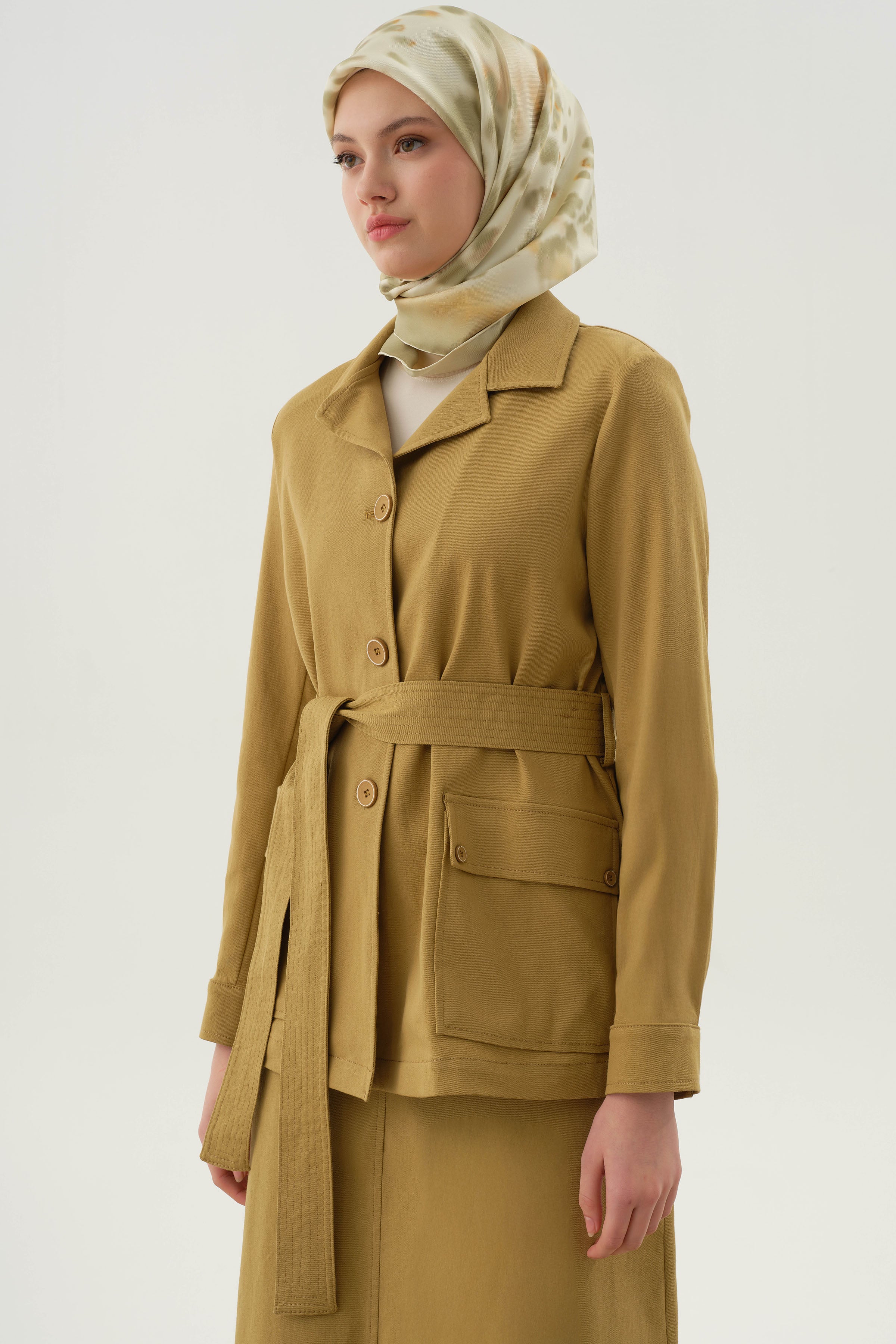 Kuşaklı Cepli Ceket - Olive TUGBA