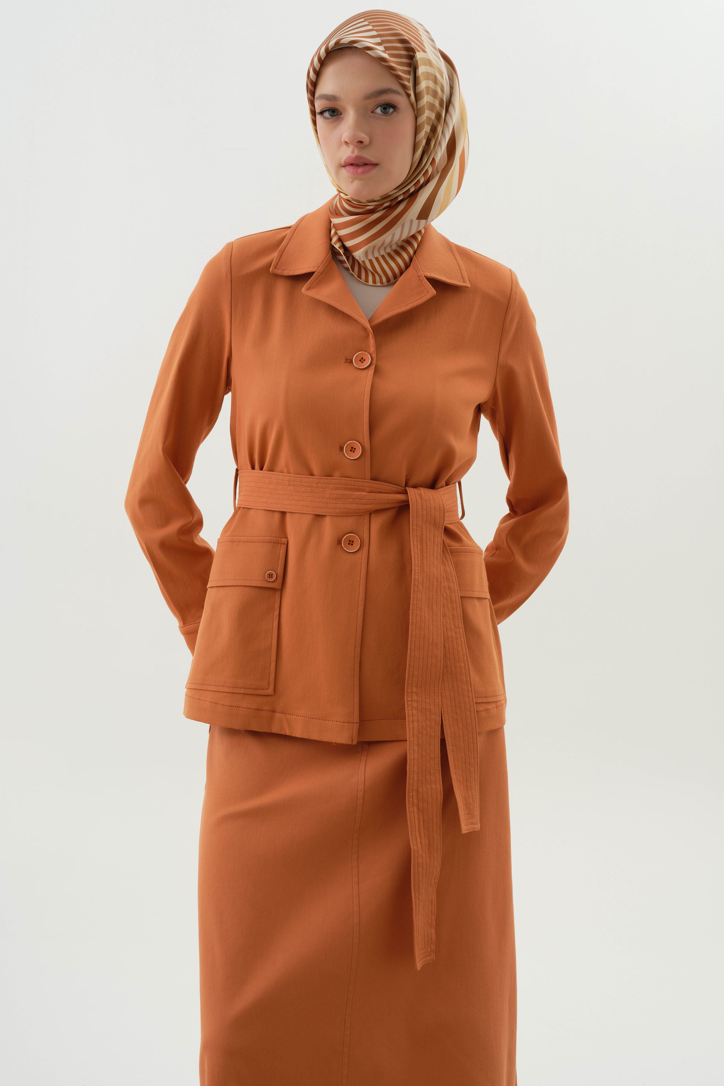 Kuşaklı Cepli Ceket - Oranj TUGBA