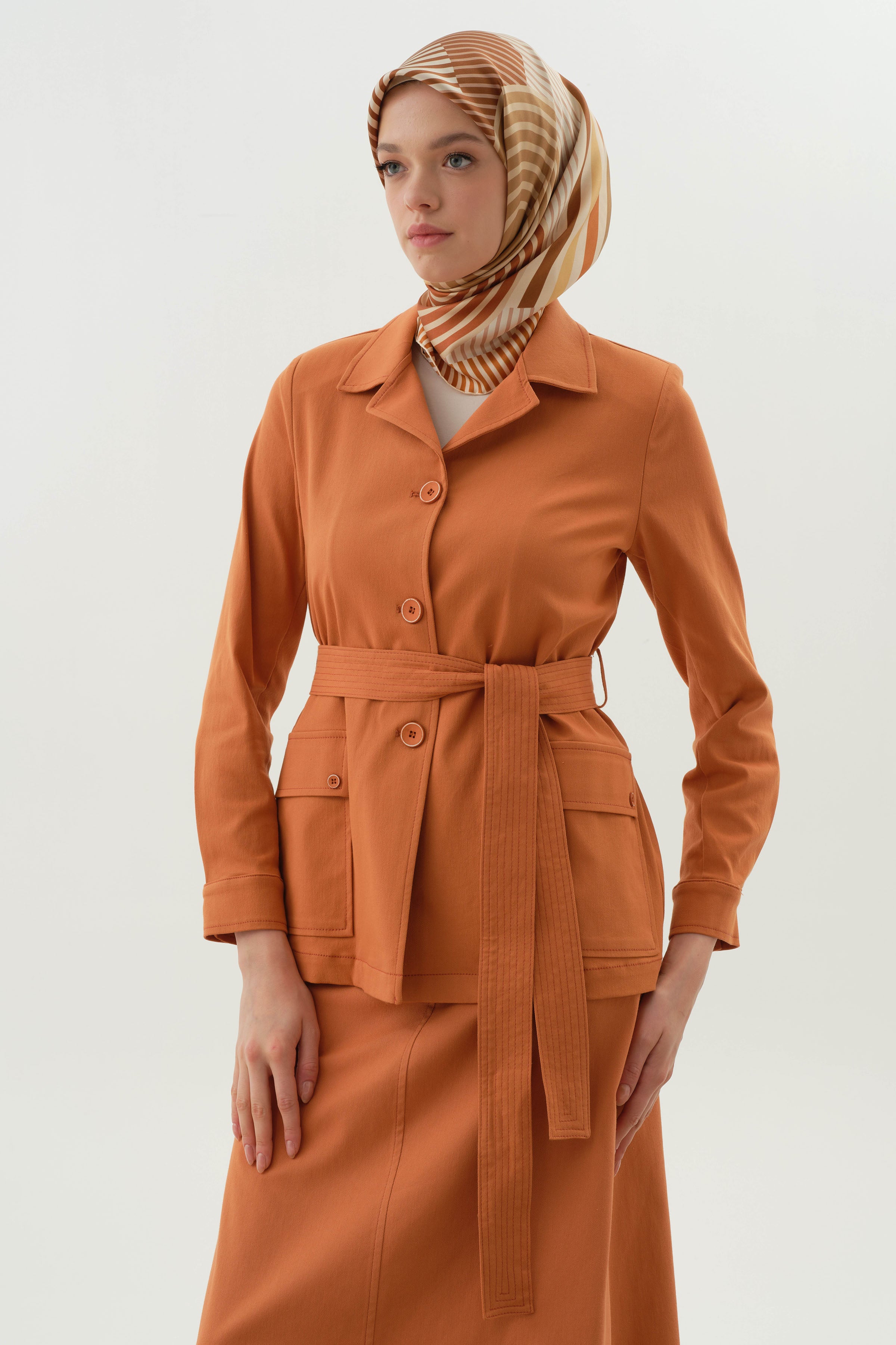 Kuşaklı Cepli Ceket - Oranj TUGBA