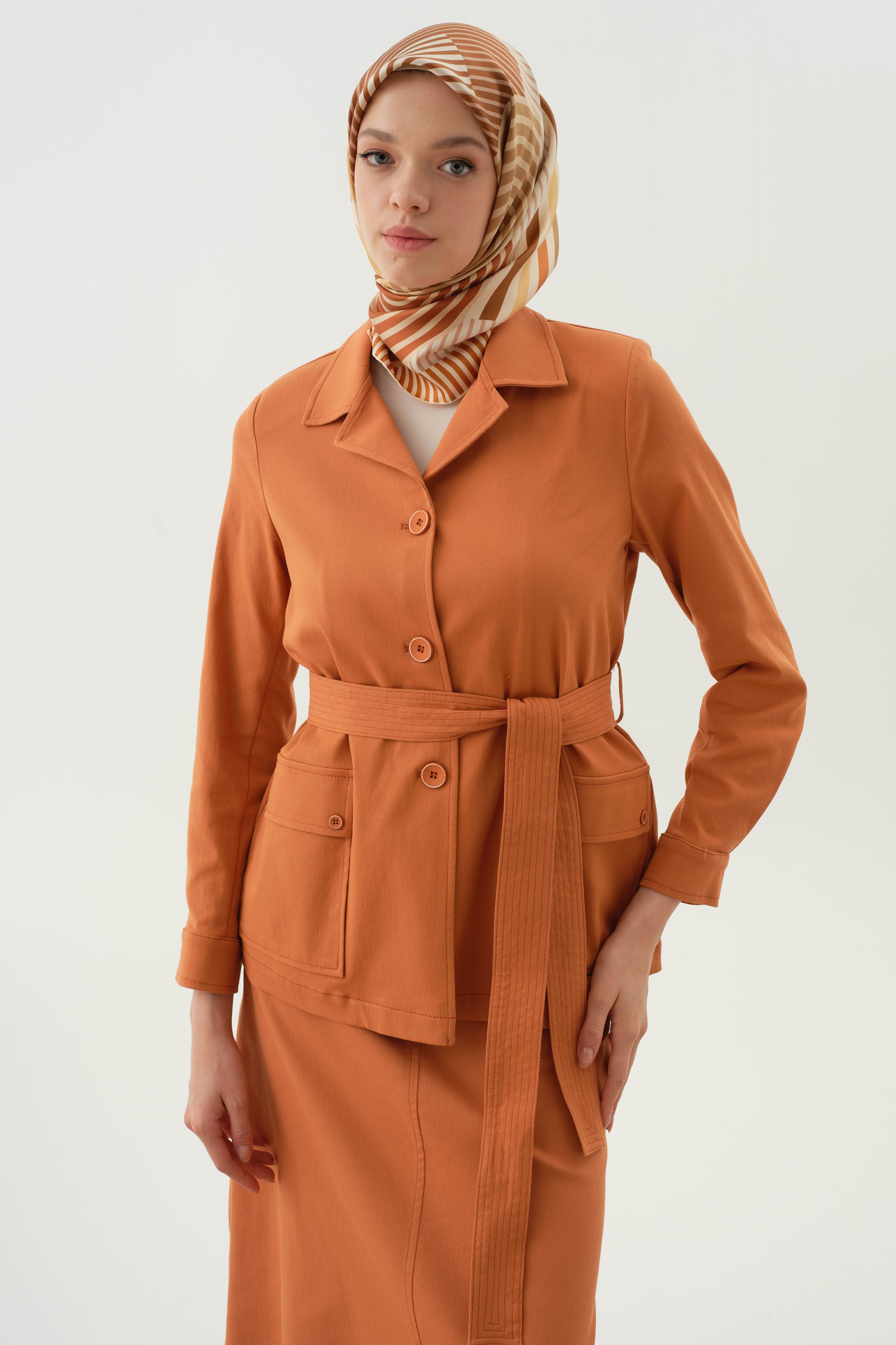 Kuşaklı Cepli Ceket - Oranj TUGBA