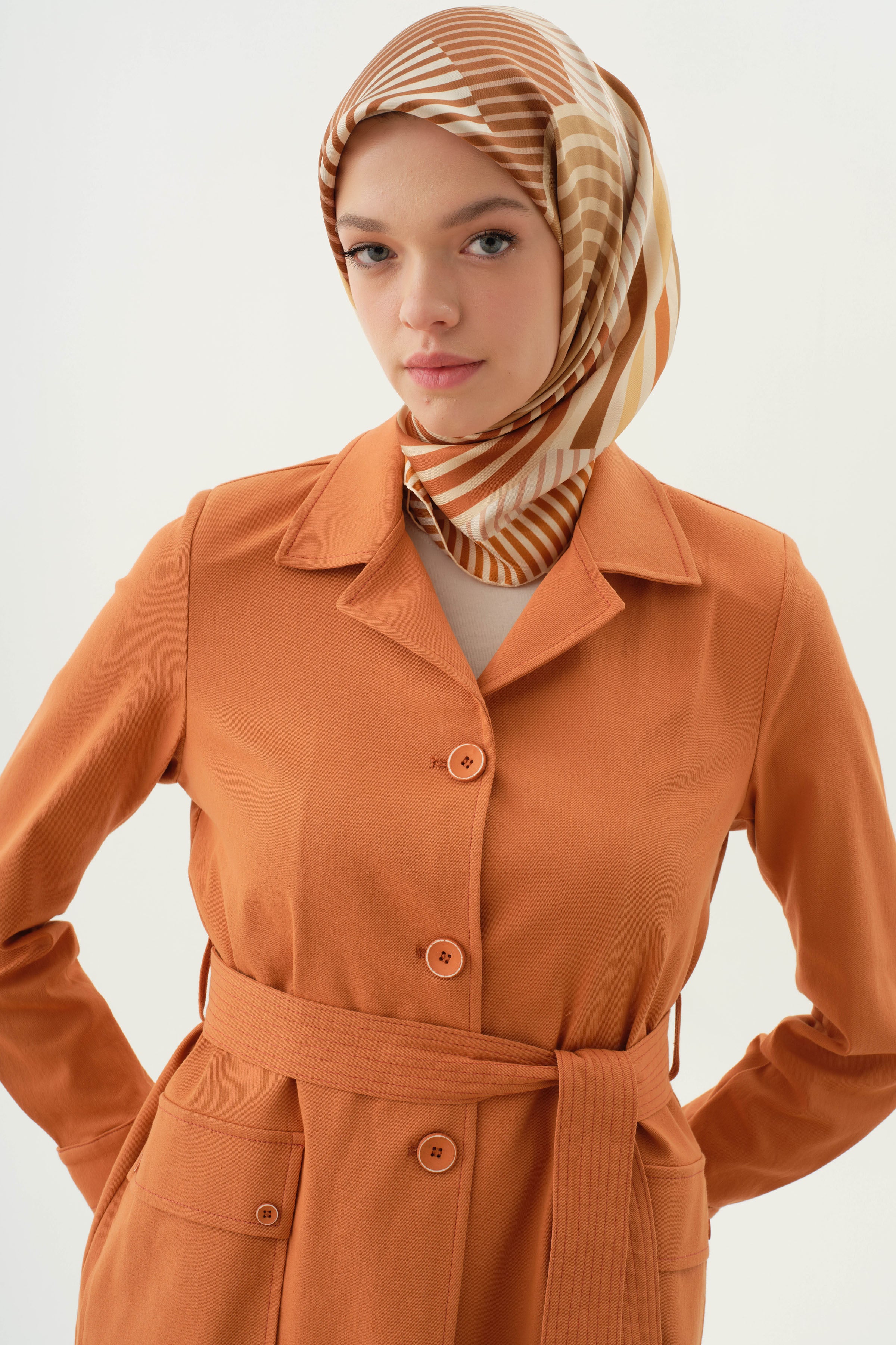 Kuşaklı Cepli Ceket - Oranj TUGBA