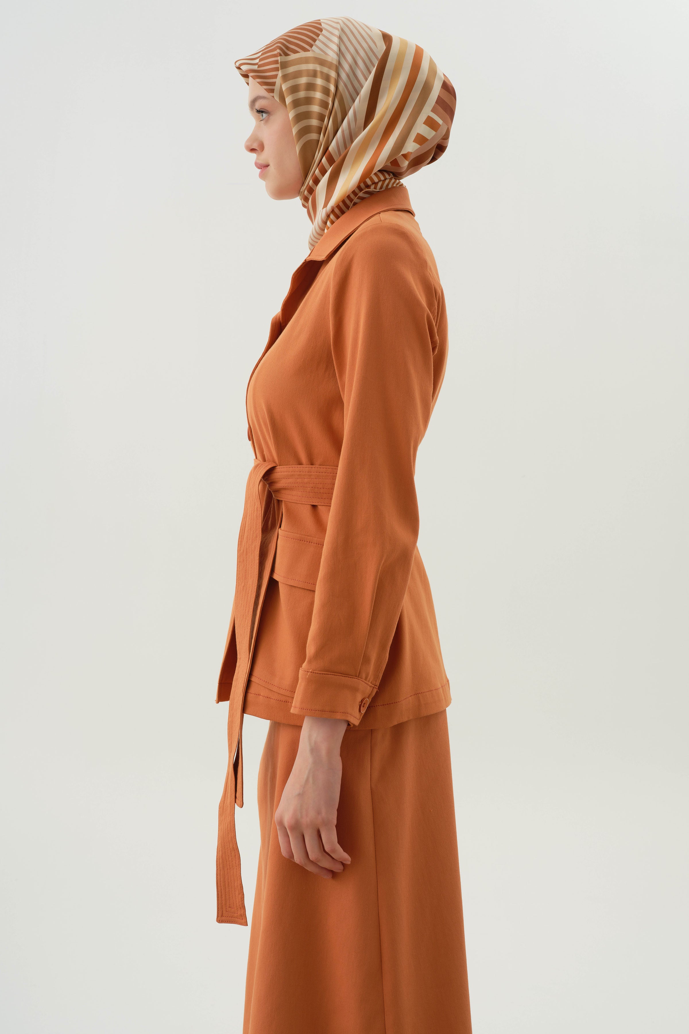 Kuşaklı Cepli Ceket - Oranj TUGBA