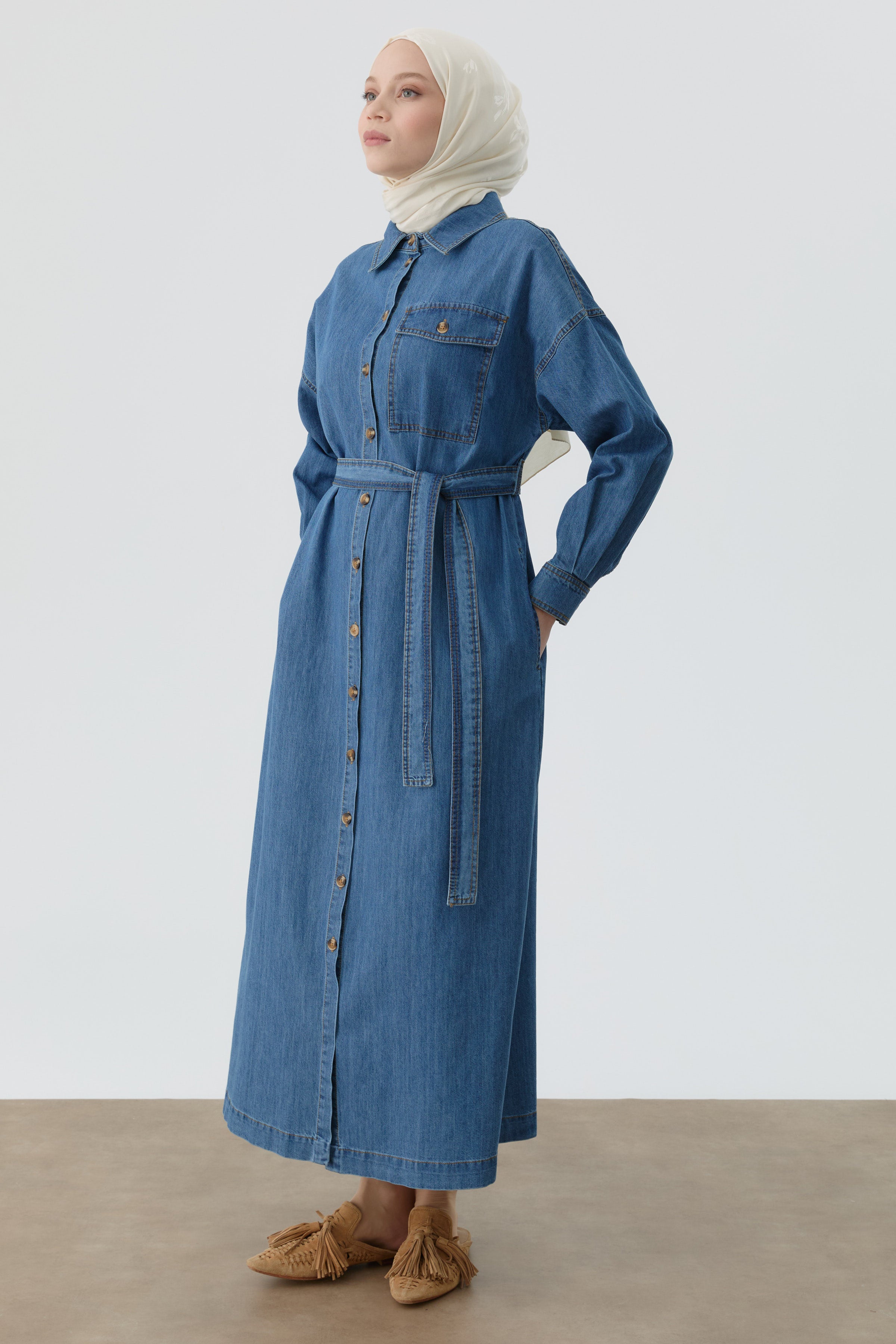 Kuşaklı Gömlek Elbise - İndigo TUGBA