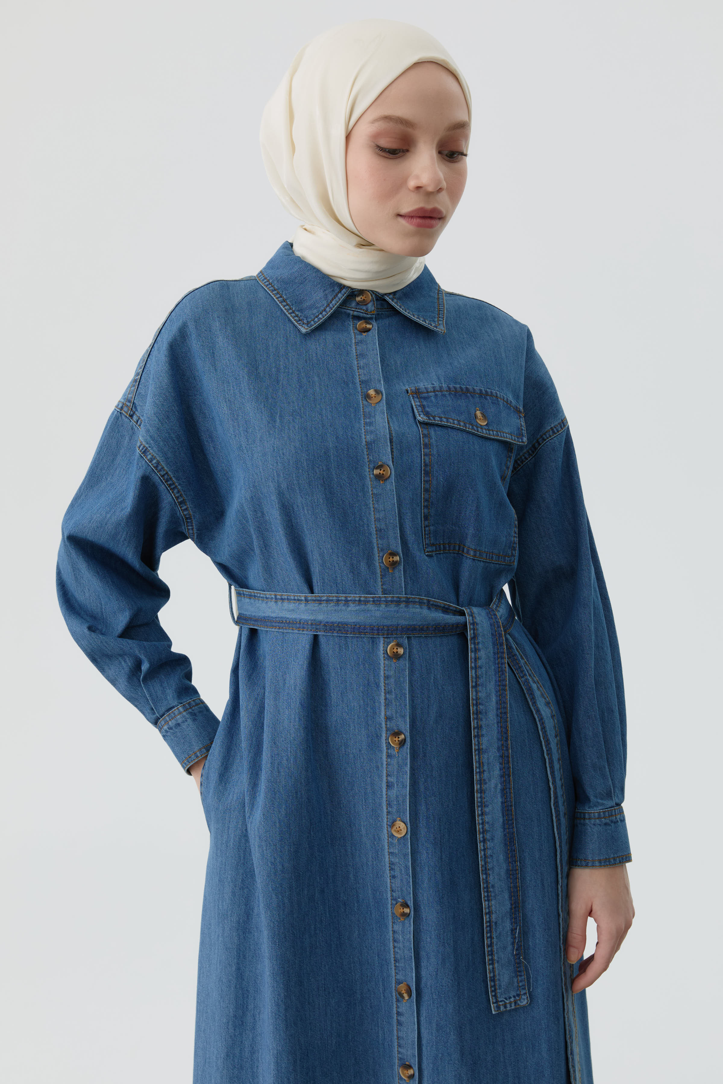 Kuşaklı Gömlek Elbise - İndigo TUGBA