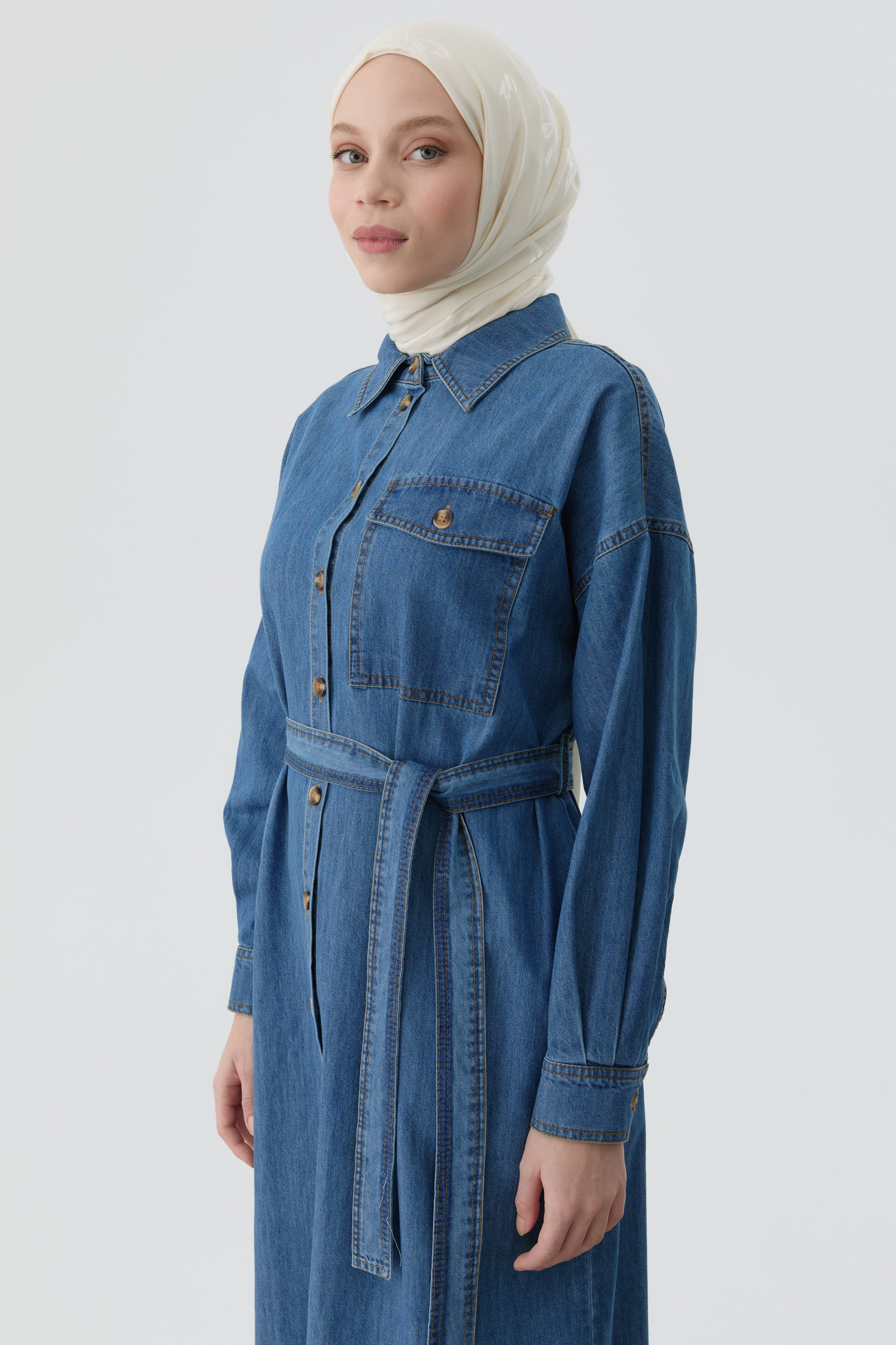 Kuşaklı Gömlek Elbise - İndigo TUGBA