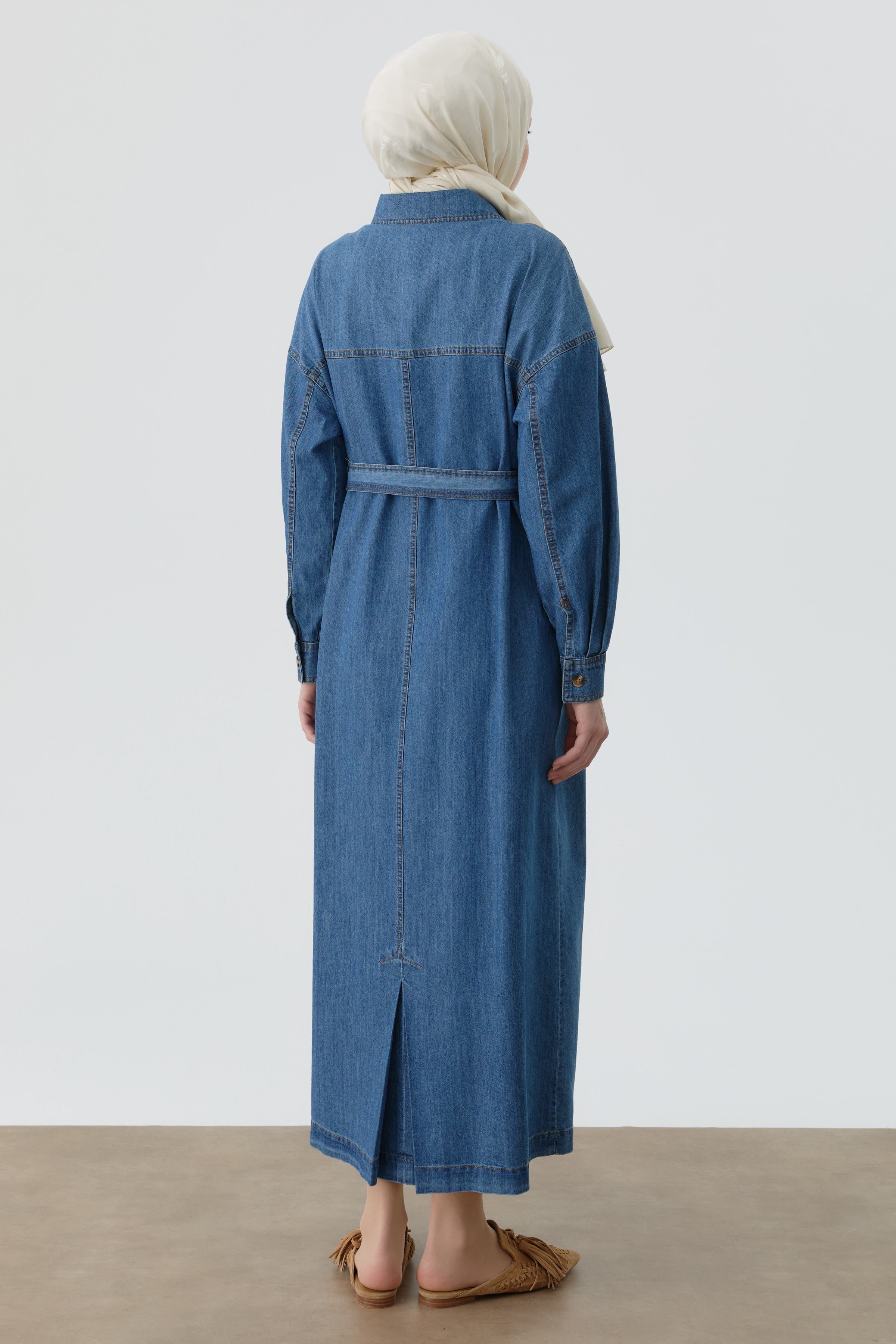 Kuşaklı Gömlek Elbise - İndigo TUGBA