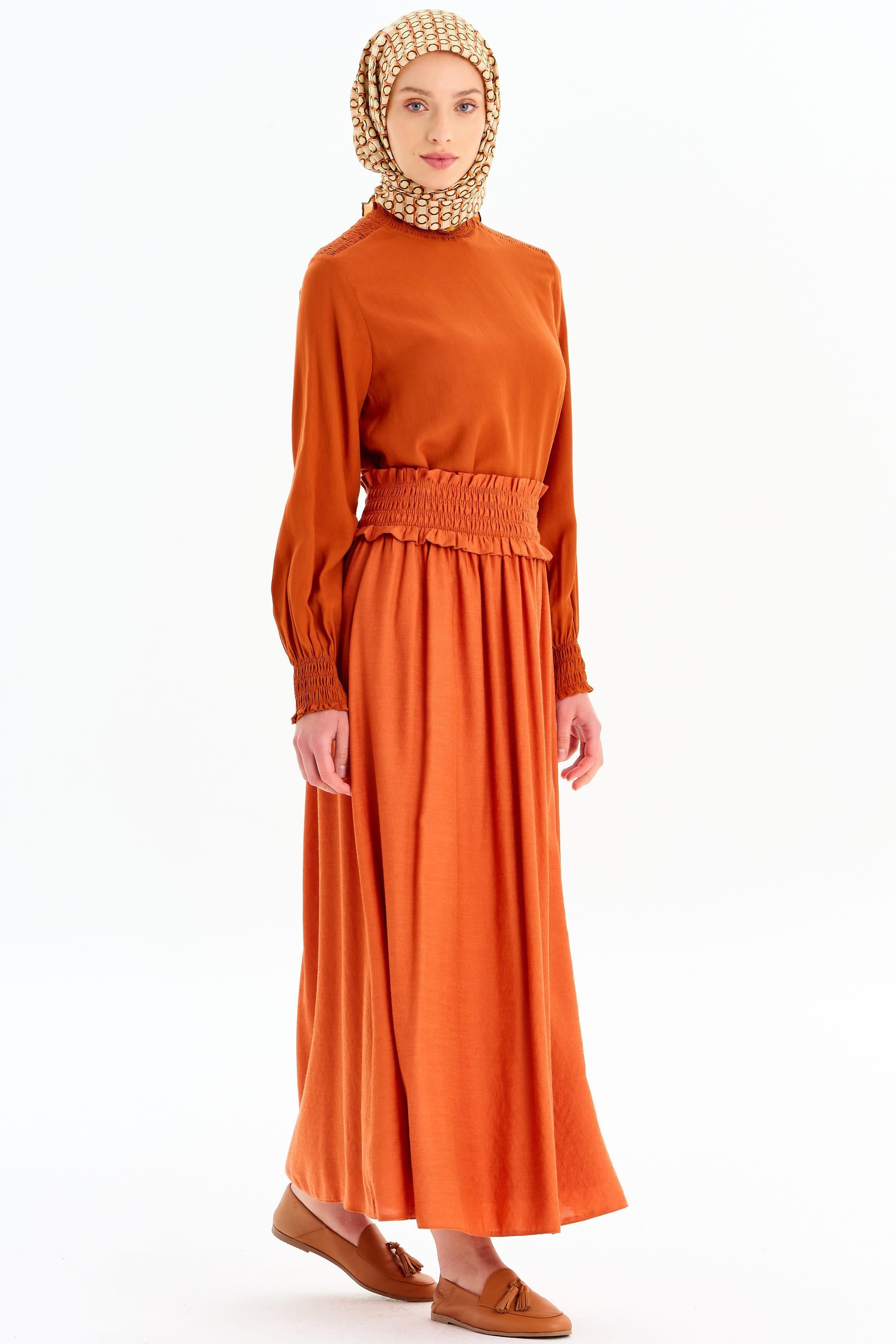 Lastik Büzgülü Bluz Etek Takım - Kiremit TUGBA