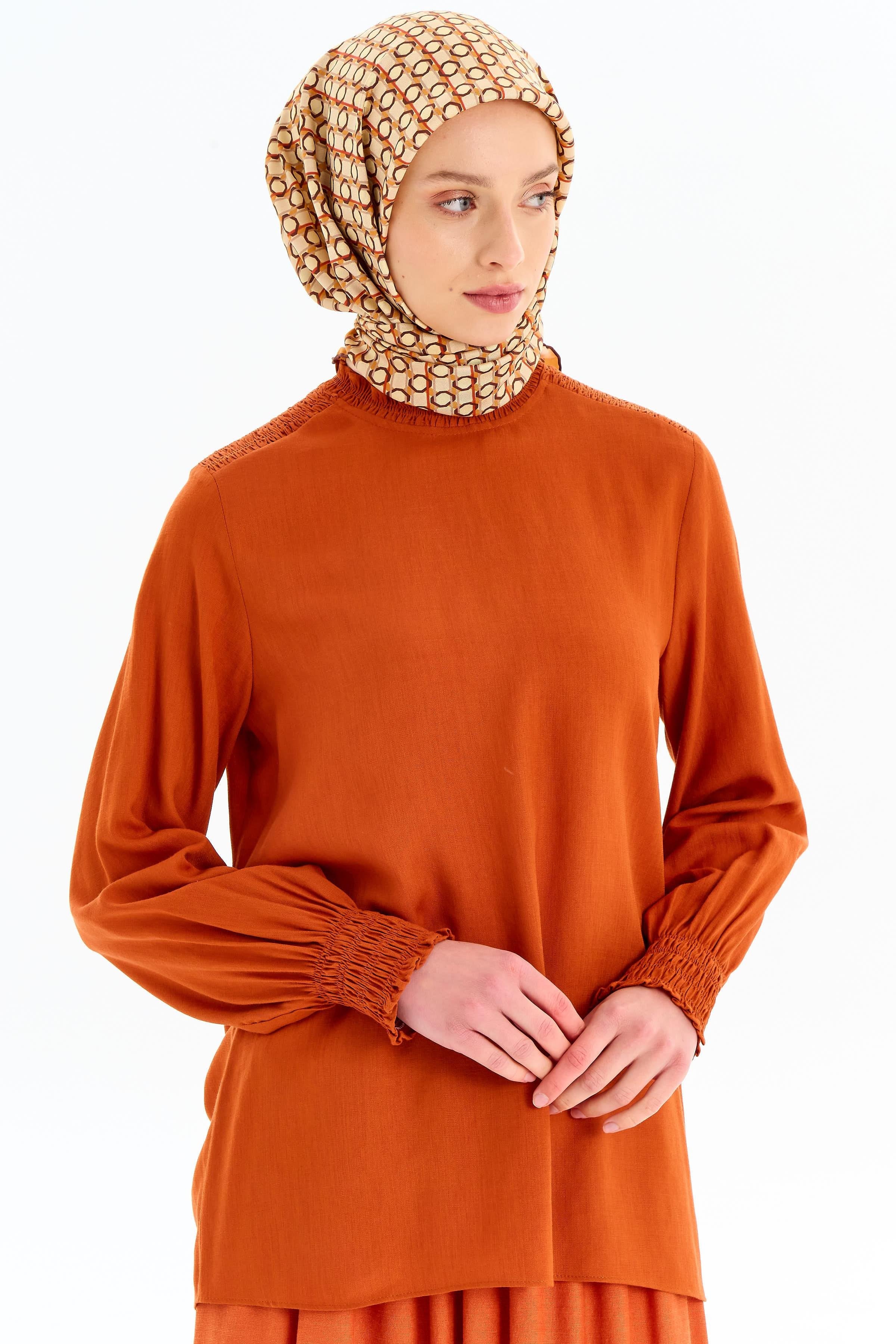 Lastik Büzgülü Bluz Etek Takım - Kiremit TUGBA