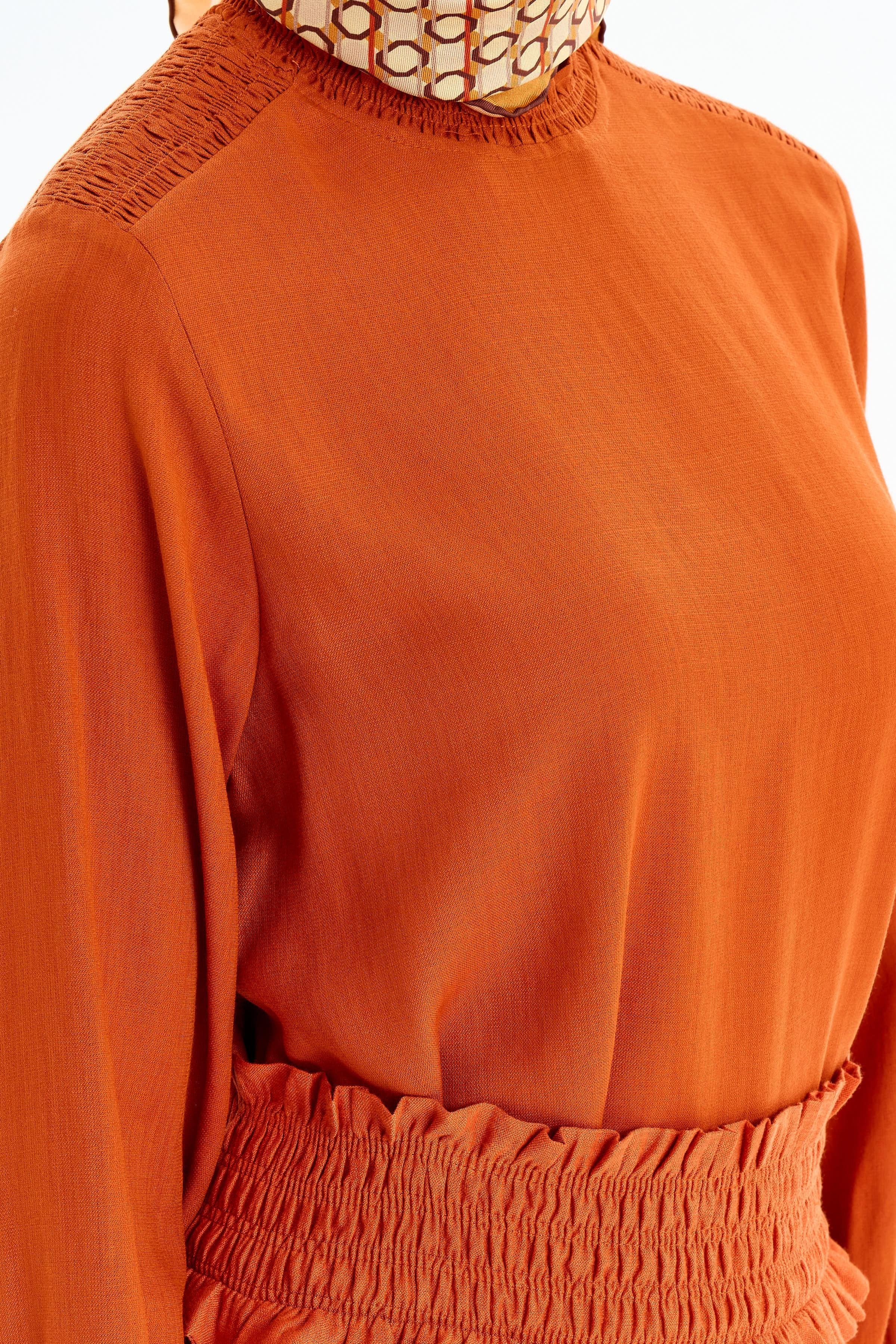 Lastik Büzgülü Bluz Etek Takım - Kiremit TUGBA