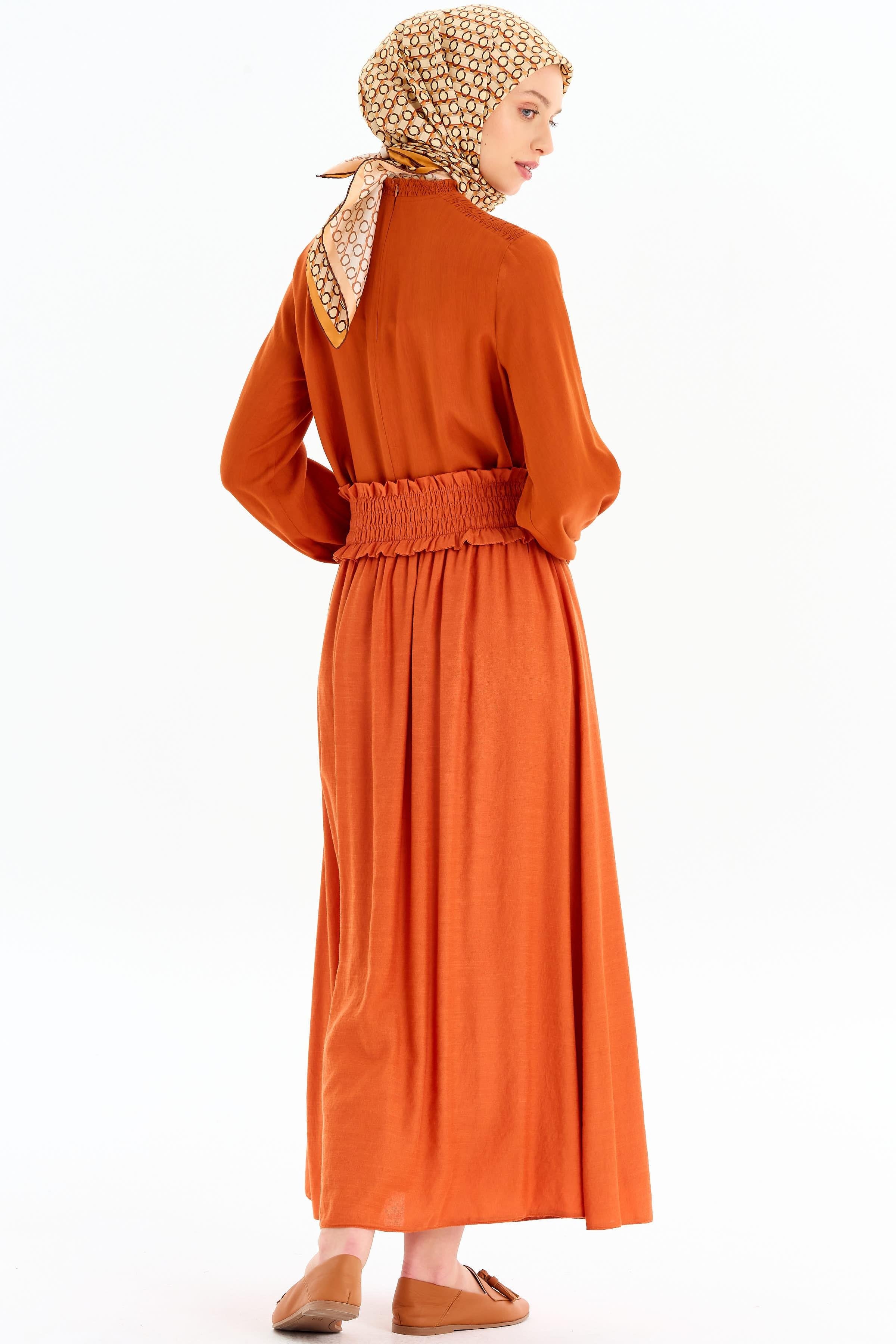 Lastik Büzgülü Bluz Etek Takım - Kiremit TUGBA