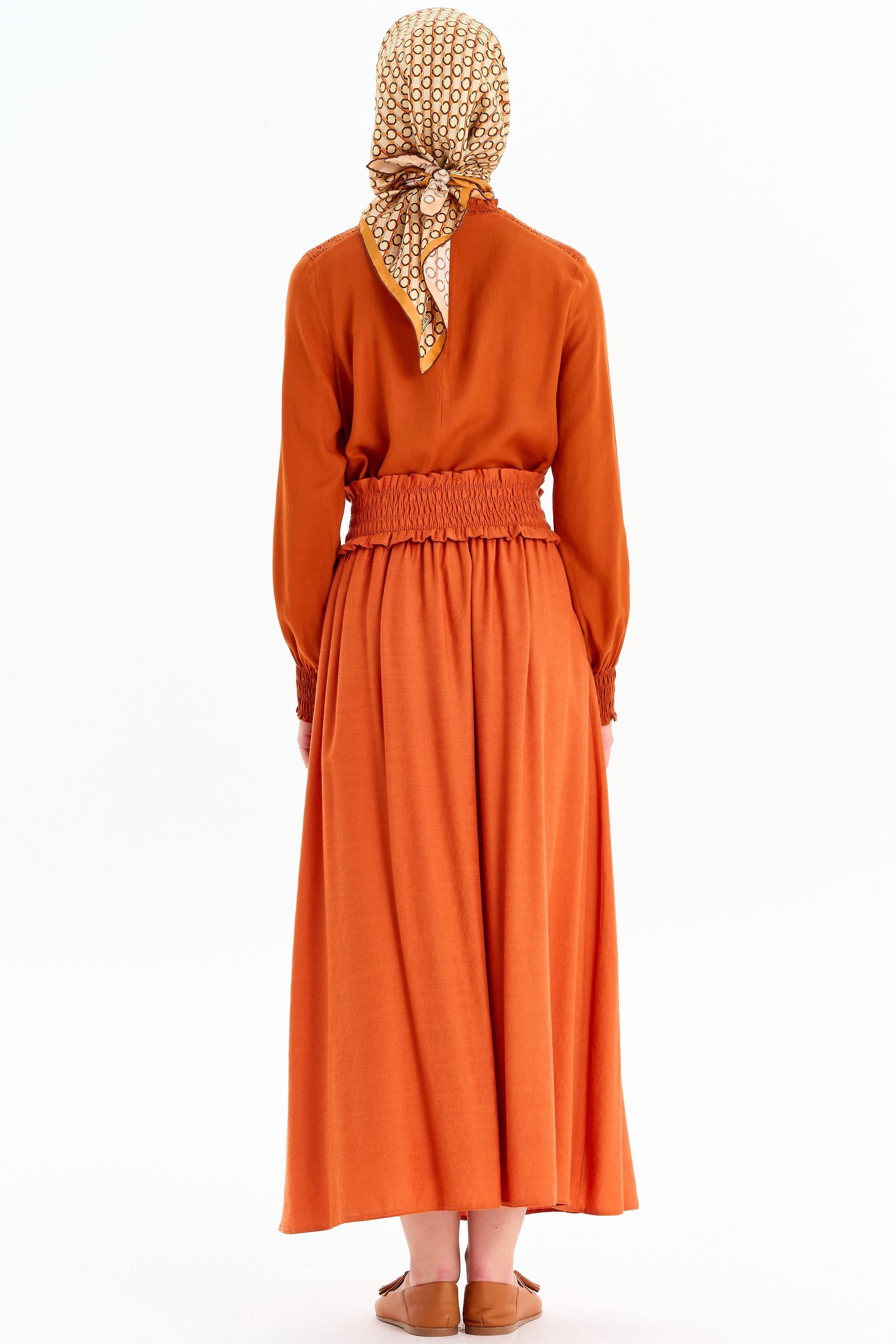 Lastik Büzgülü Bluz Etek Takım - Kiremit TUGBA