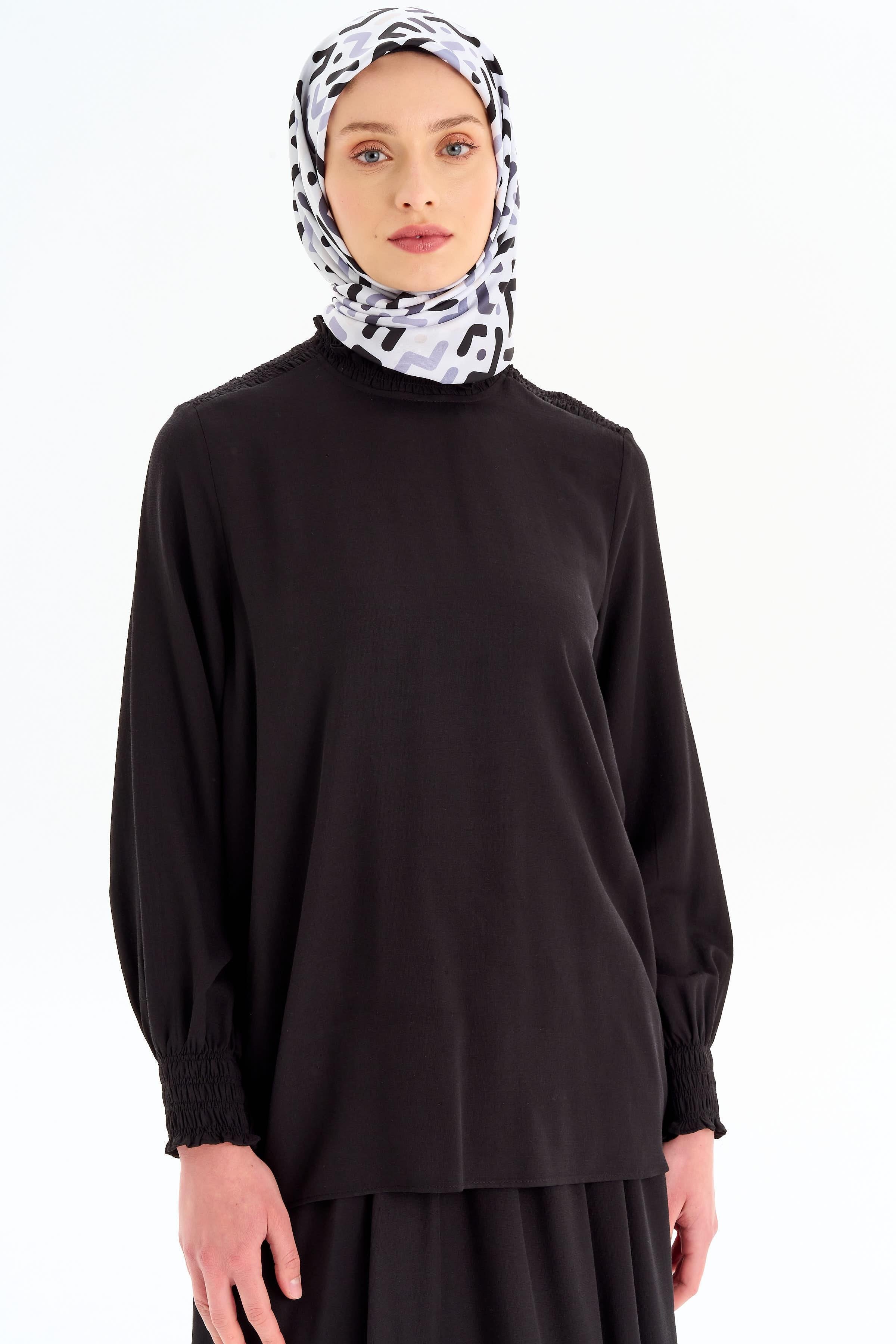 Lastik Büzgülü Bluz Etek Takım - Siyah TUGBA