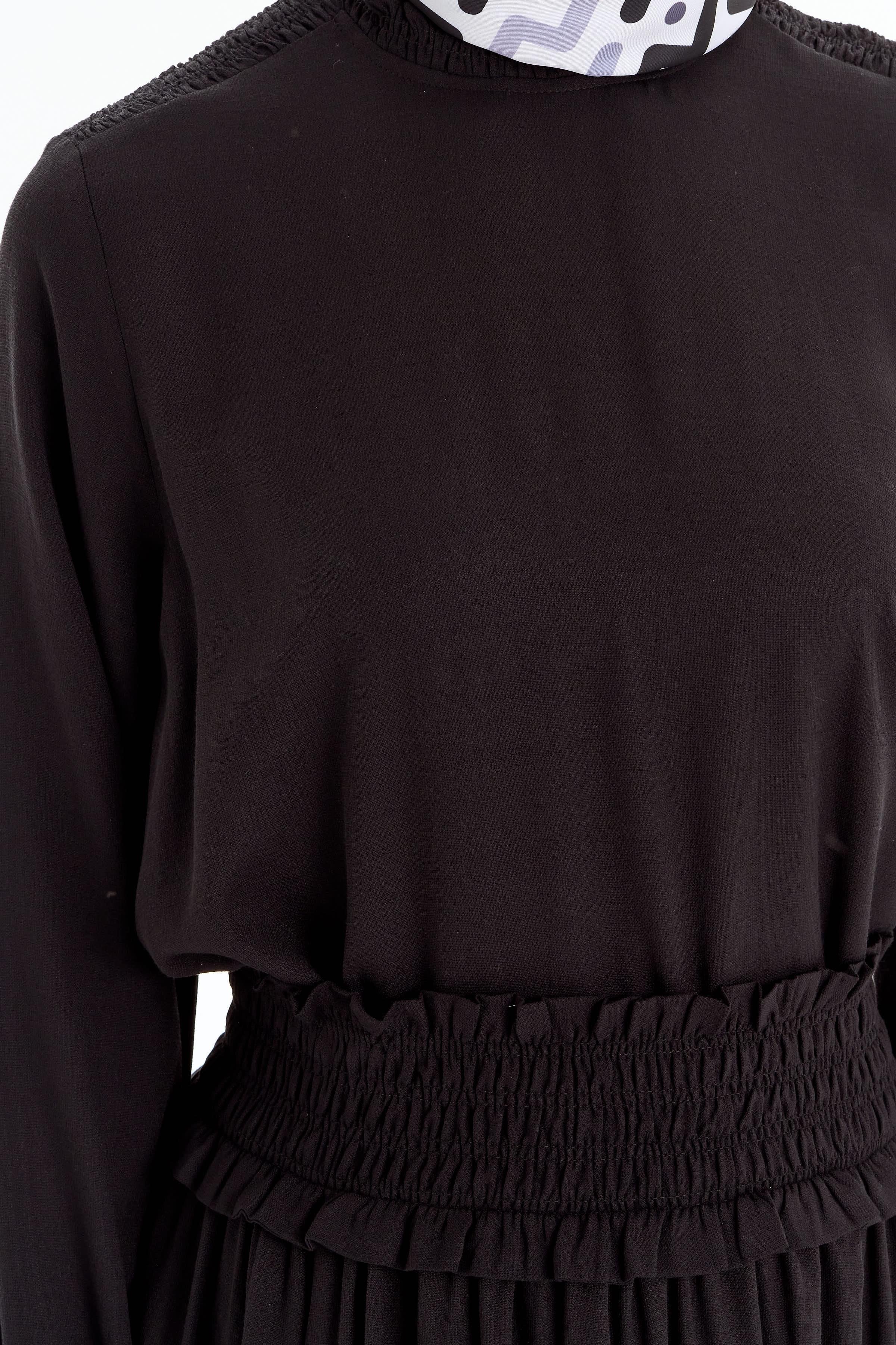 Lastik Büzgülü Bluz Etek Takım - Siyah TUGBA