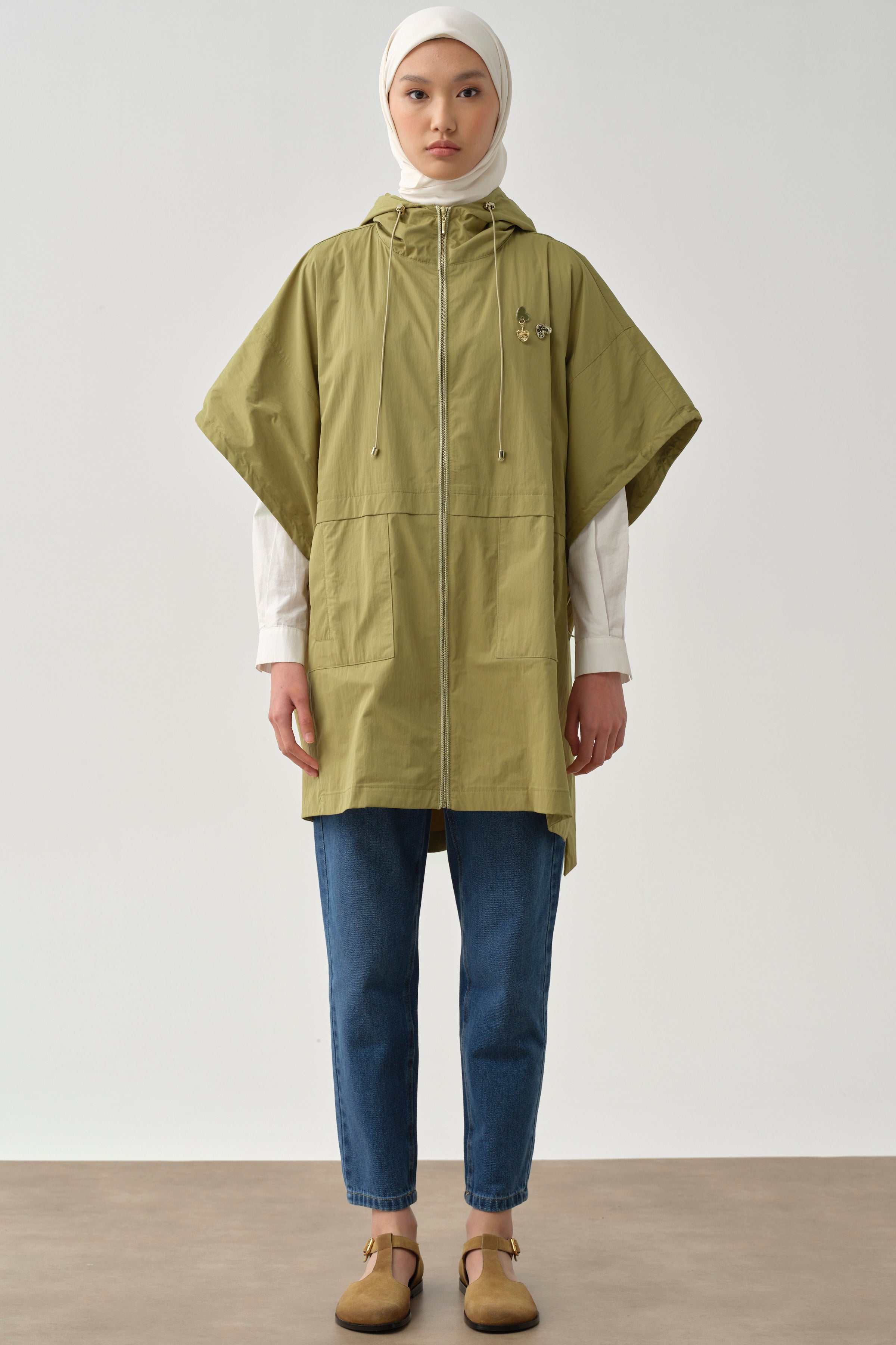 Lastik Büzgülü Kapüşonlu Panço - Olive TUGBA