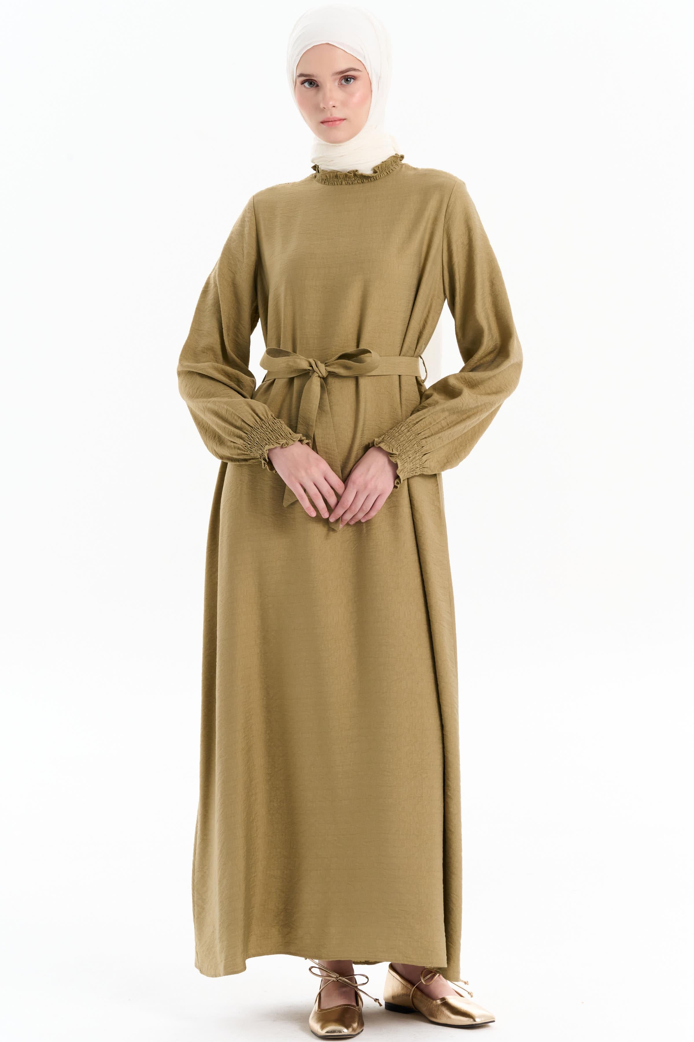 Lastik Detaylı Kuşaklı Elbise - Olive TUGBA