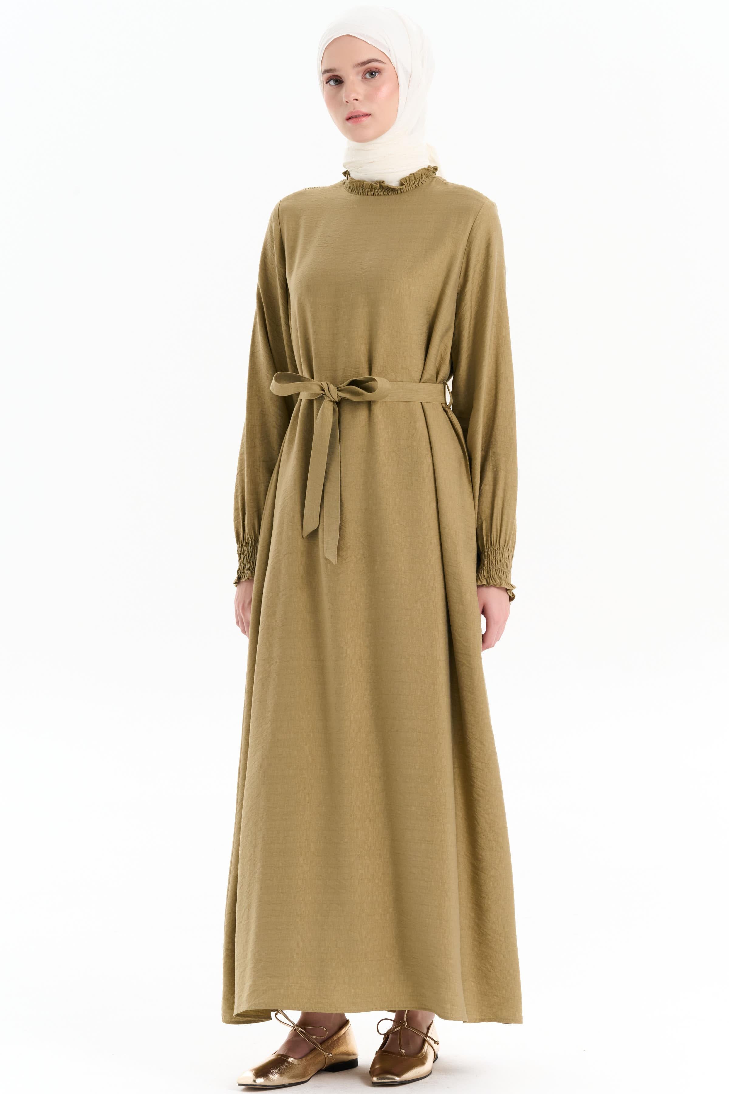 Lastik Detaylı Kuşaklı Elbise - Olive TUGBA