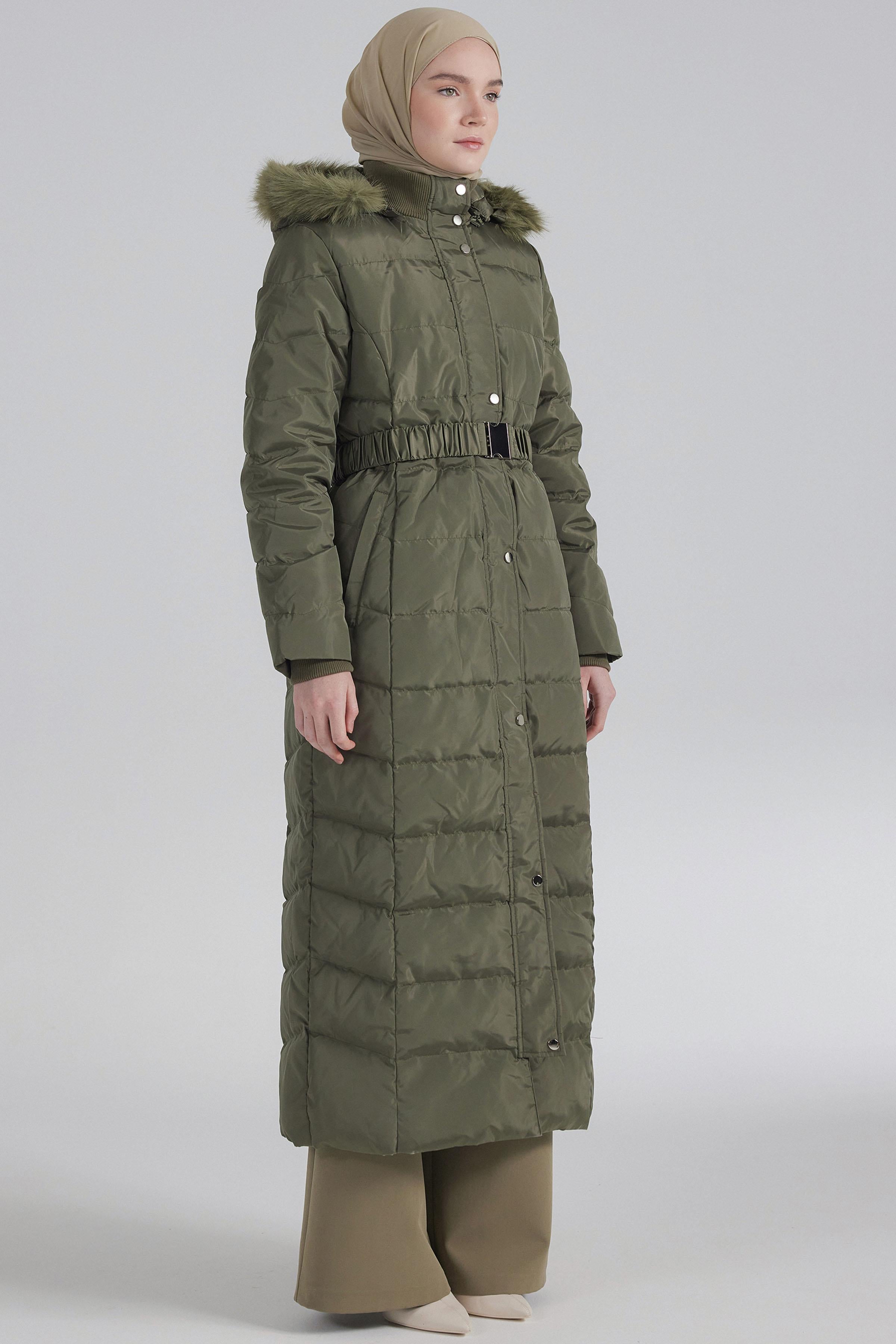 Lastik Kemerli Kaz Tüyü Manto - Haki TUGBA