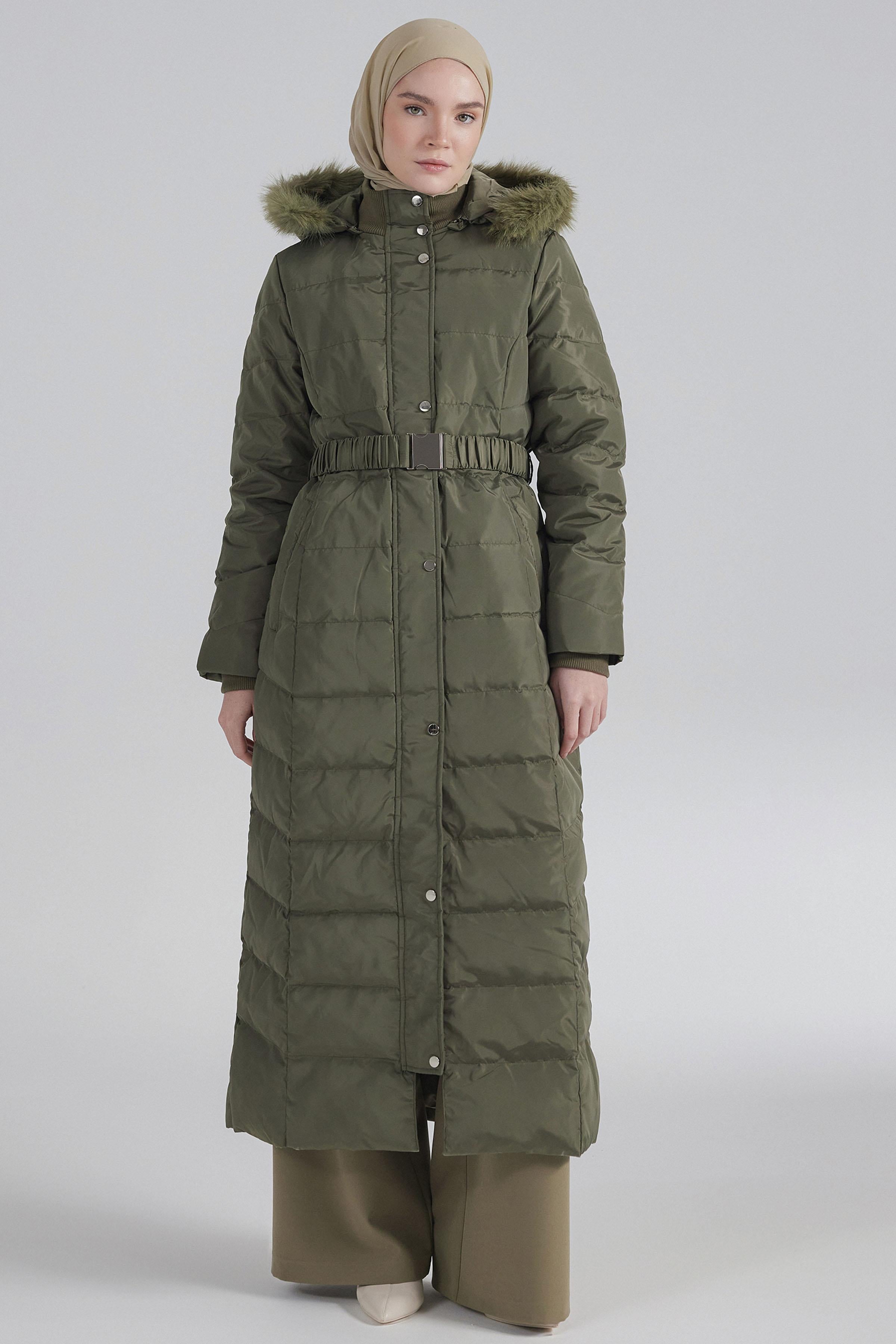 Lastik Kemerli Kaz Tüyü Manto - Haki TUGBA