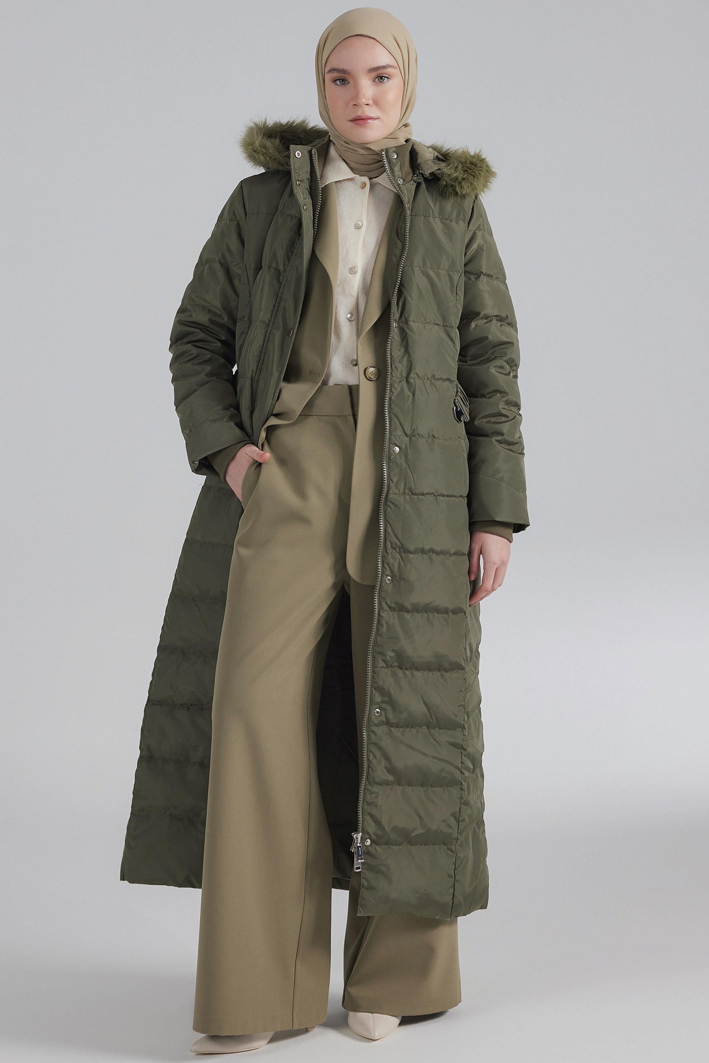 Lastik Kemerli Kaz Tüyü Manto - Haki TUGBA