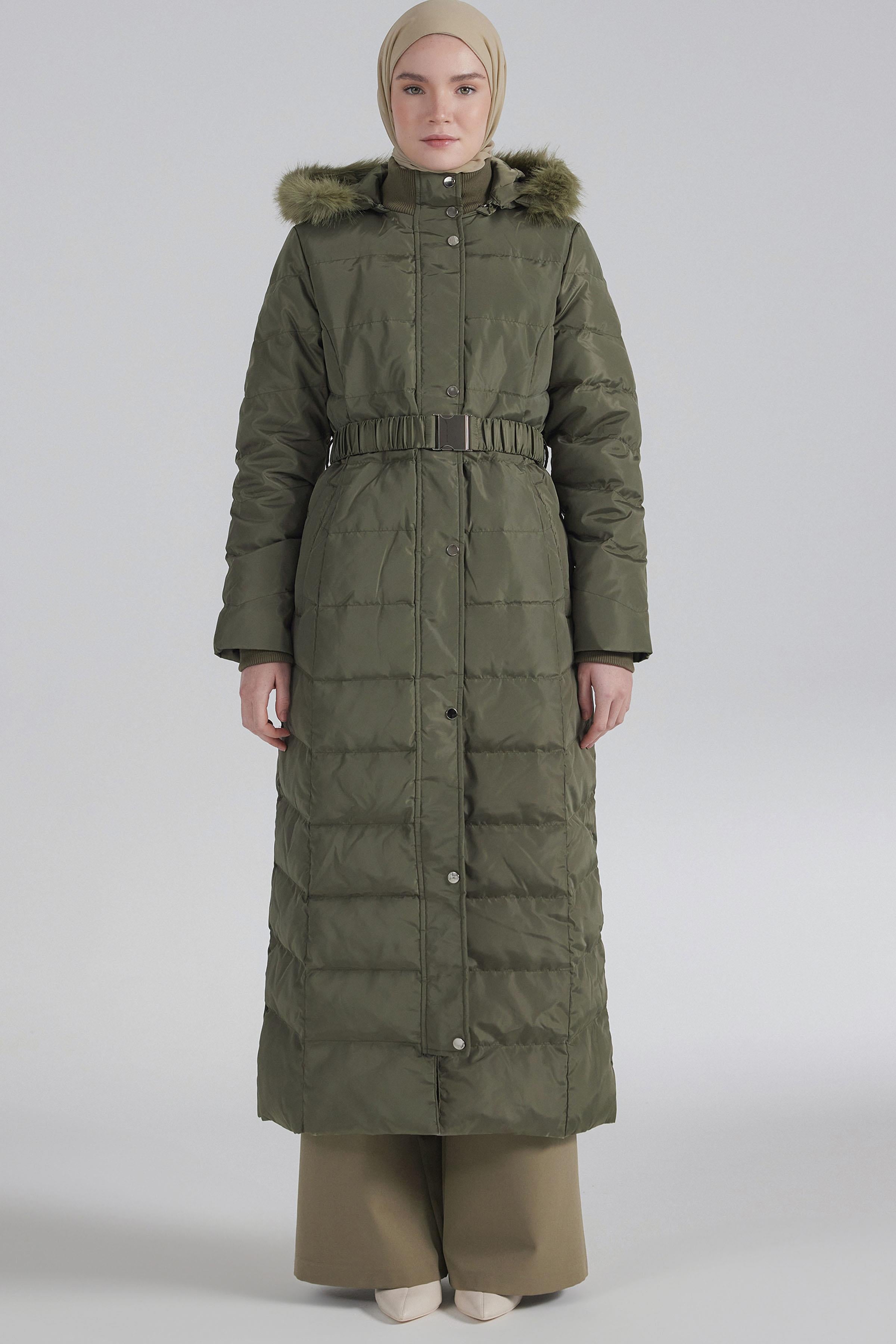 Lastik Kemerli Kaz Tüyü Manto - Haki TUGBA