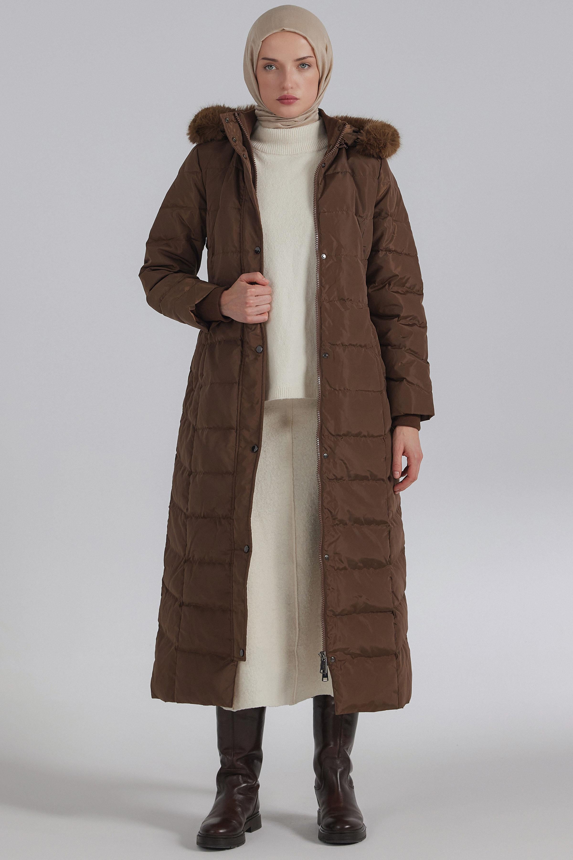 Lastik Kemerli Kaz Tüyü Manto - Kahve TUGBA