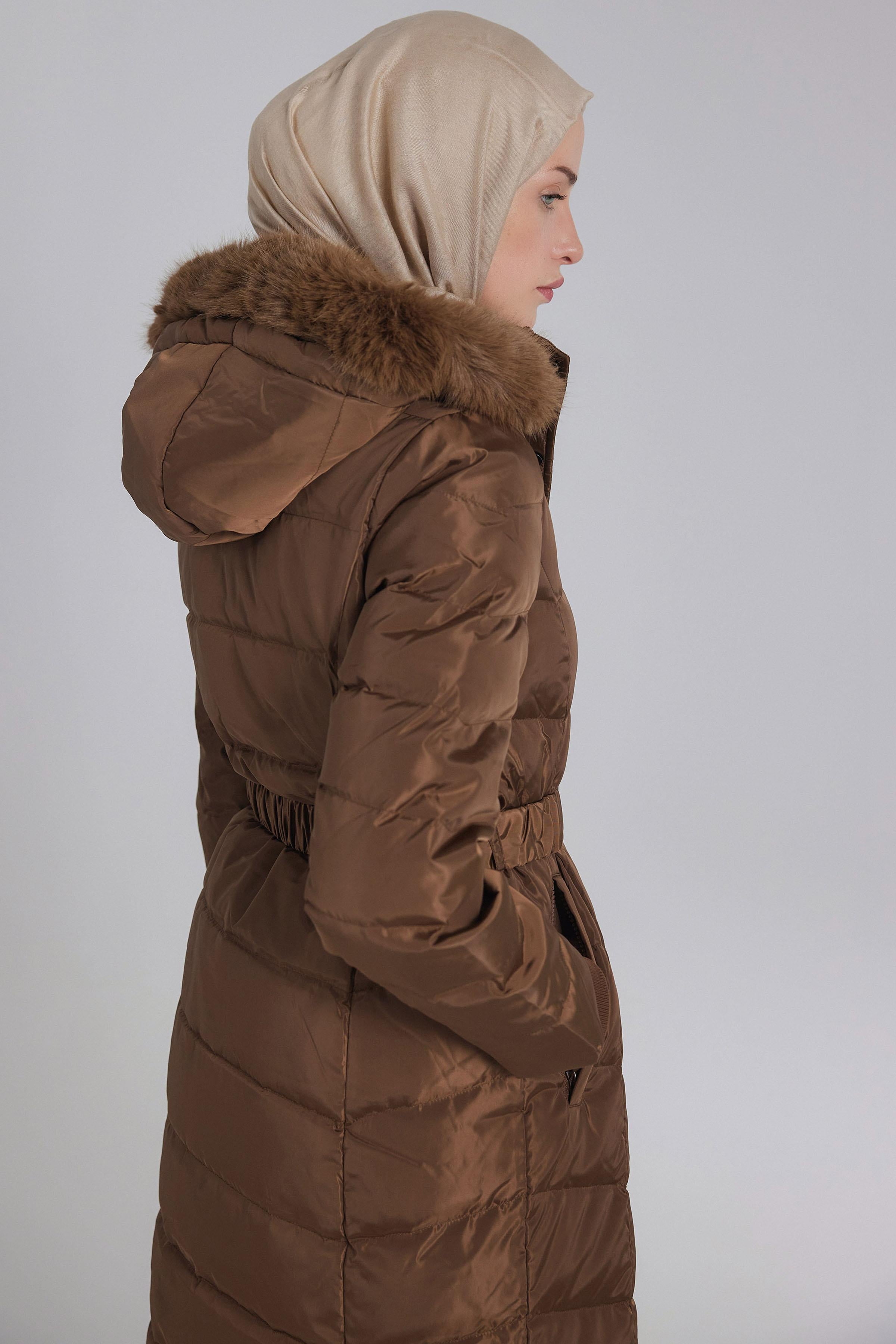 Lastik Kemerli Kaz Tüyü Manto - Kahve TUGBA