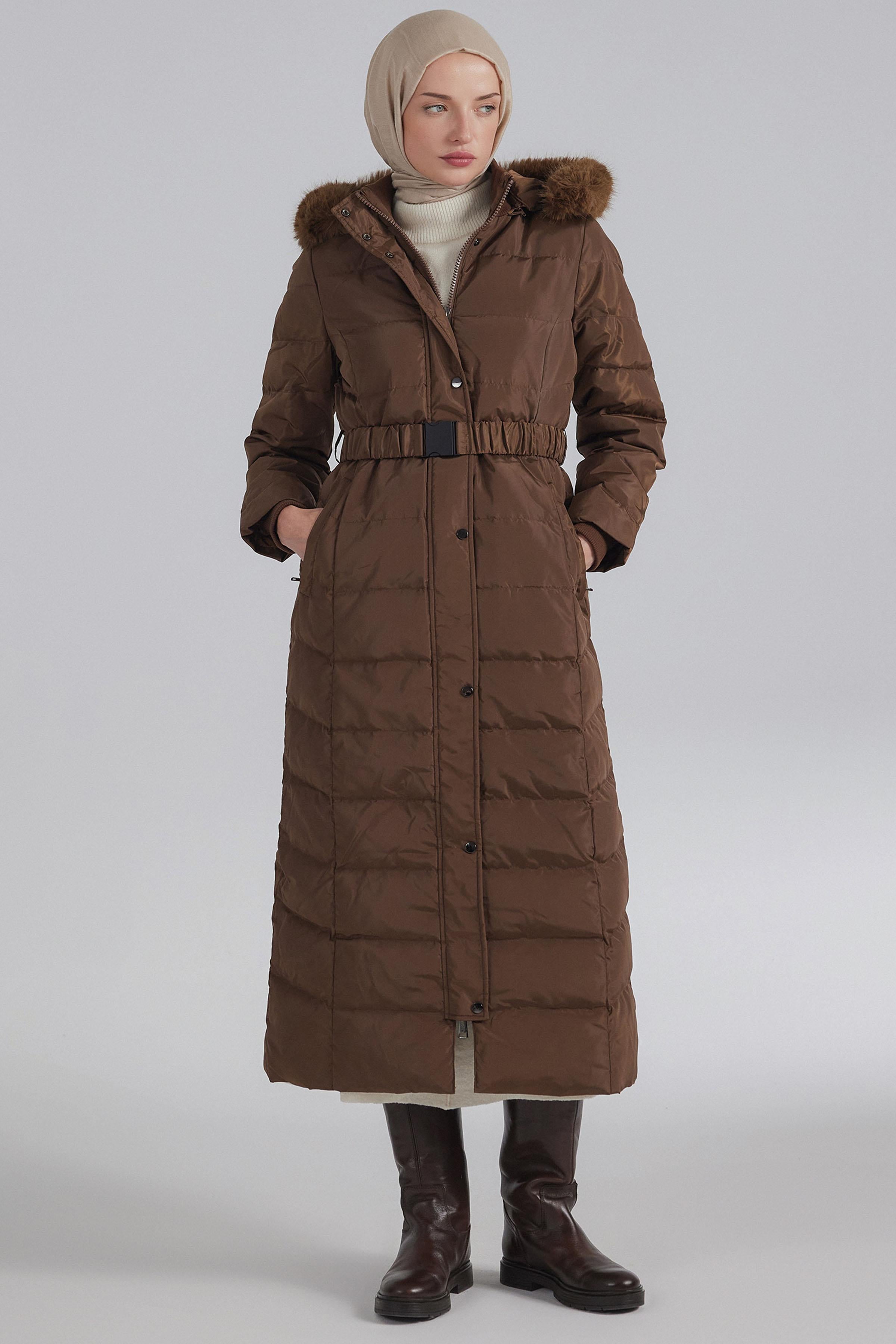 Lastik Kemerli Kaz Tüyü Manto - Kahve TUGBA