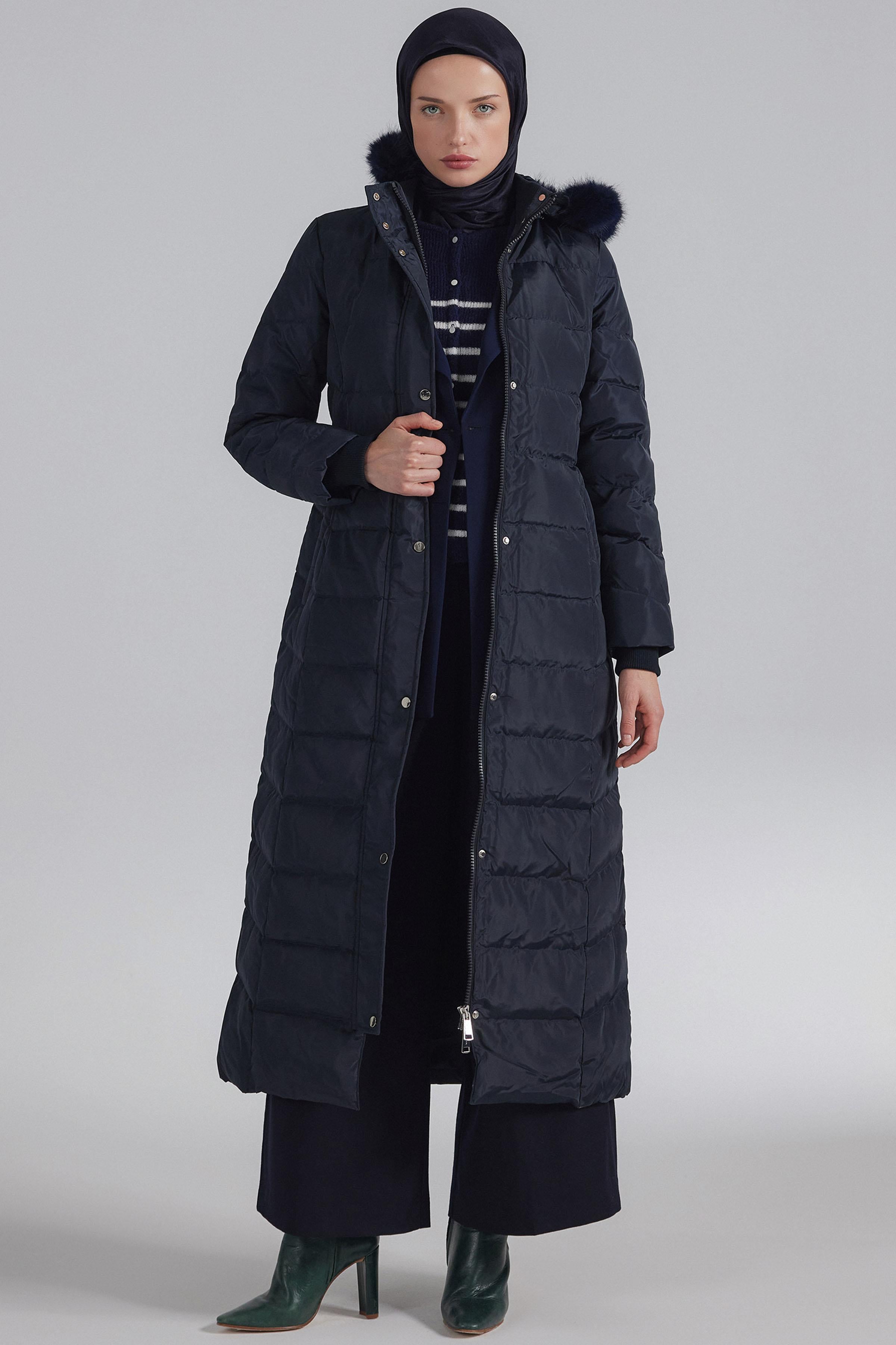 Lastik Kemerli Kaz Tüyü Manto - Lacivert TUGBA