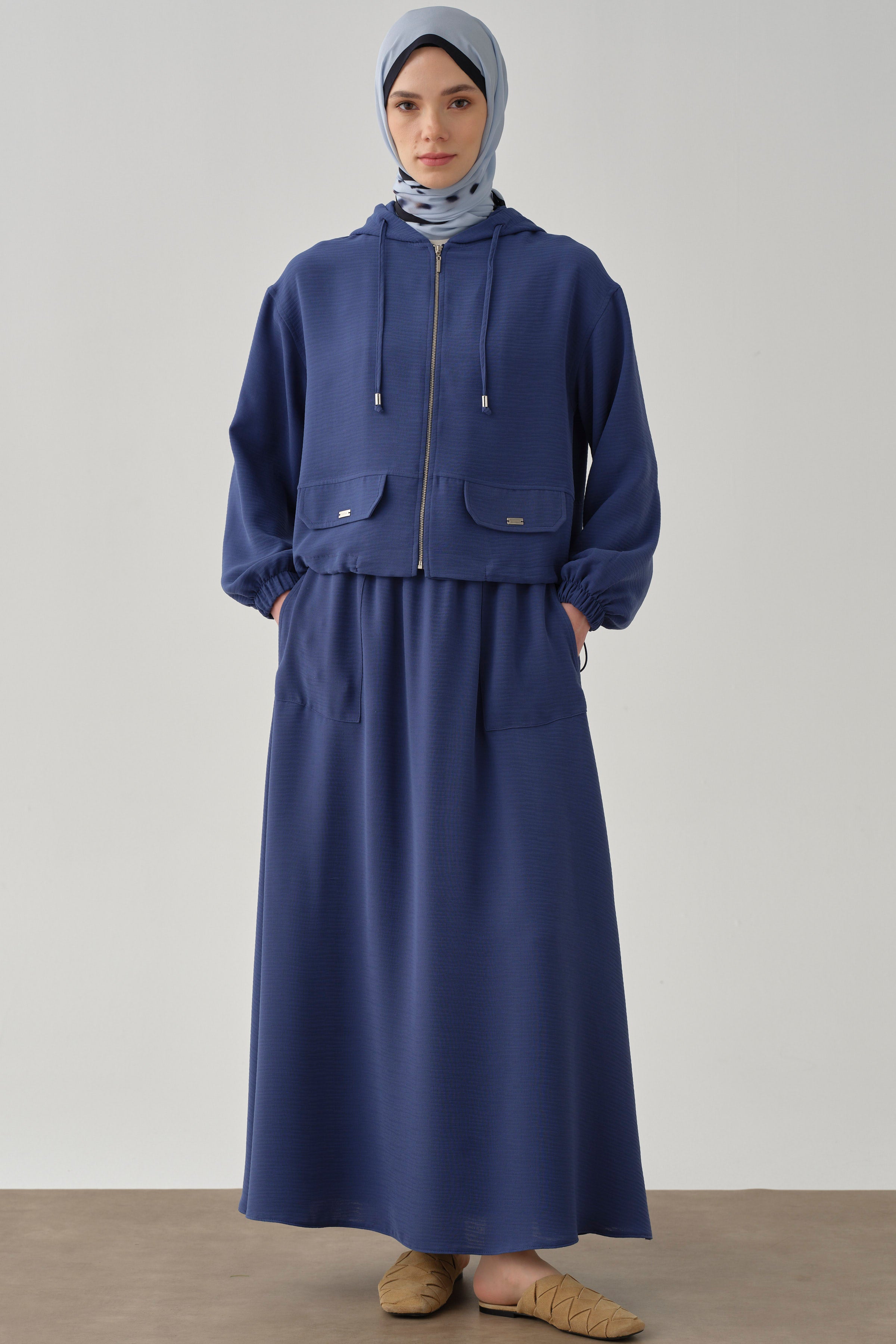 Lastikli Ceket Etek Takım - İndigo TUGBA