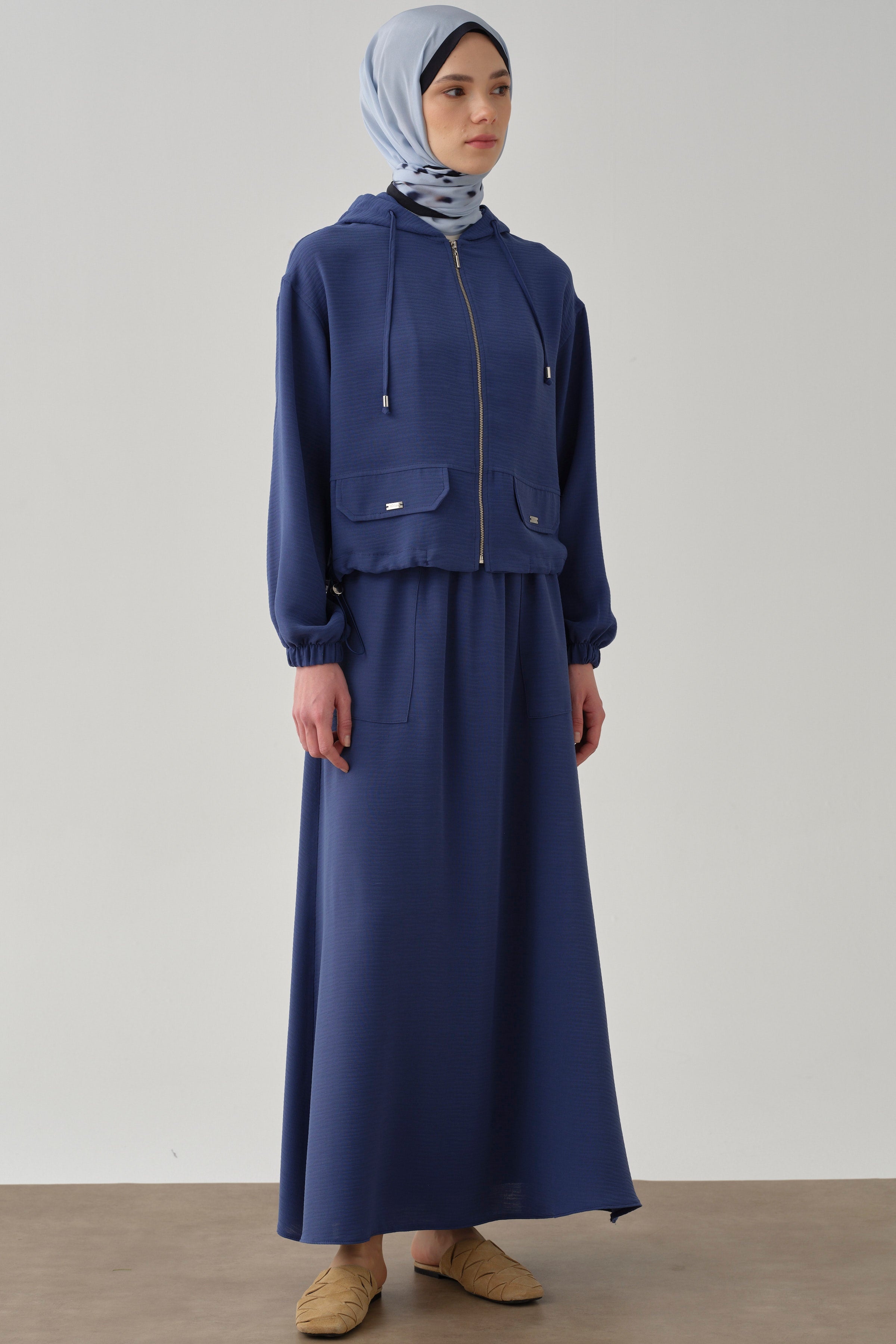 Lastikli Ceket Etek Takım - İndigo TUGBA