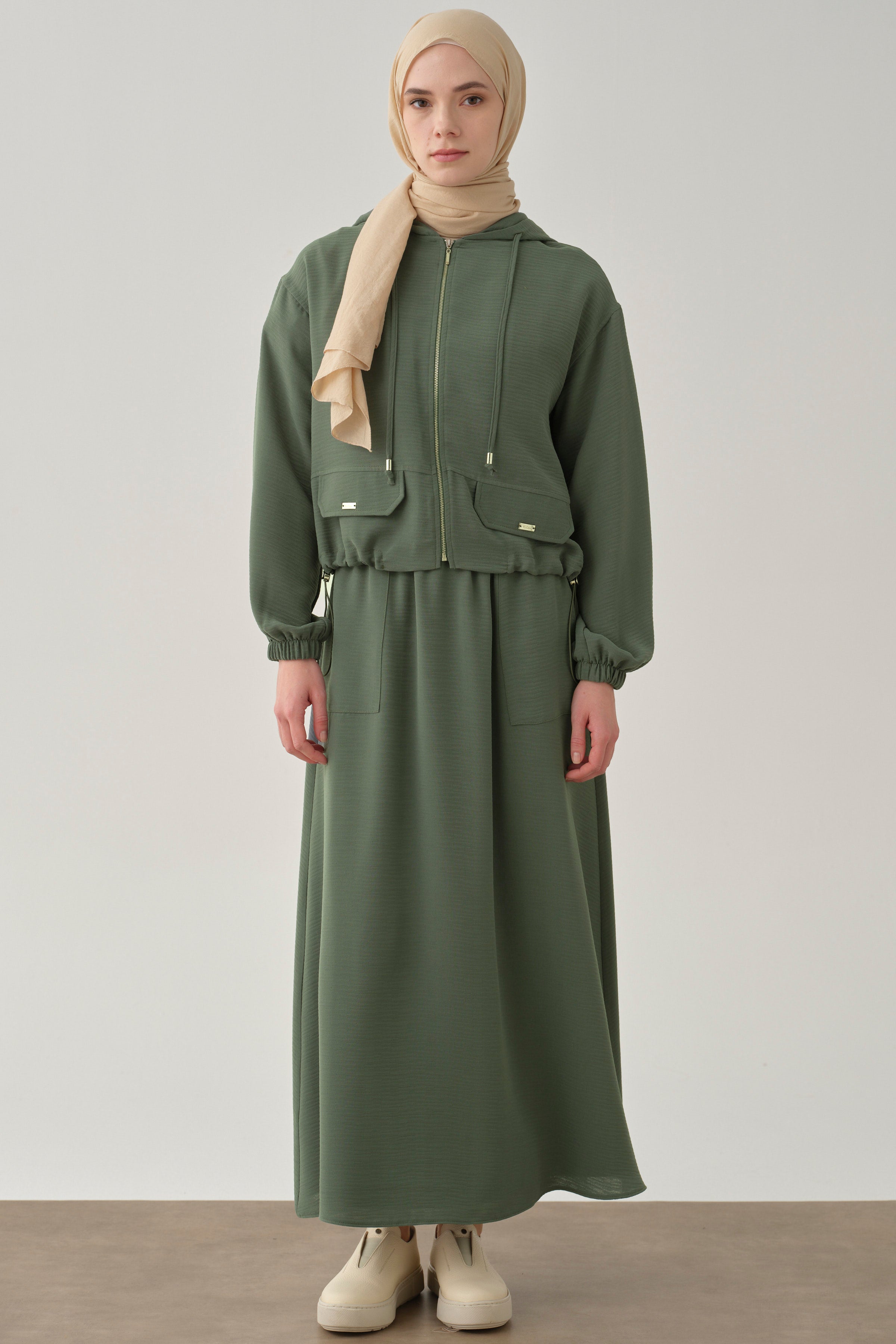 Lastikli Ceket Etek Takım - Yeşil TUGBA