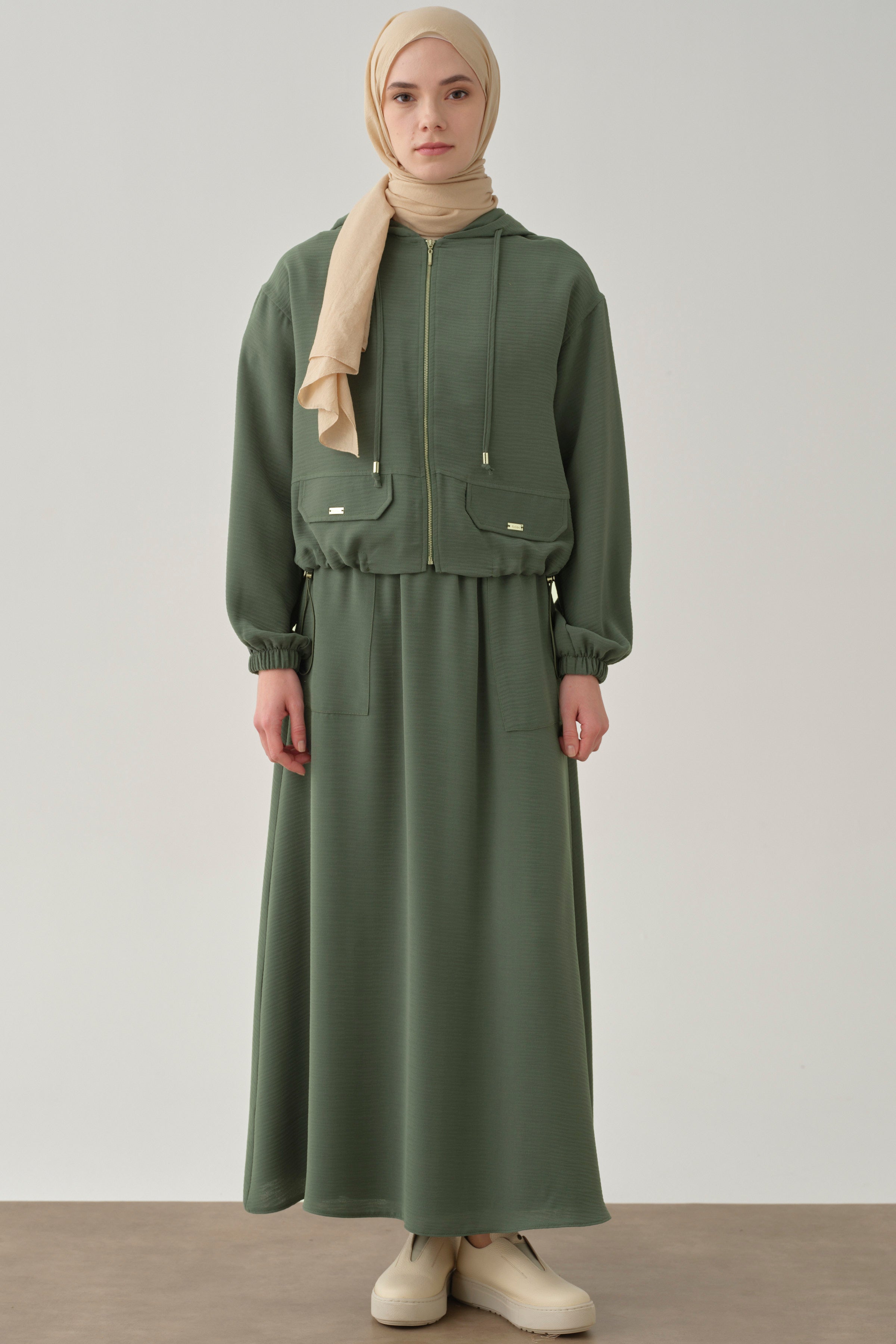 Lastikli Ceket Etek Takım - Yeşil TUGBA