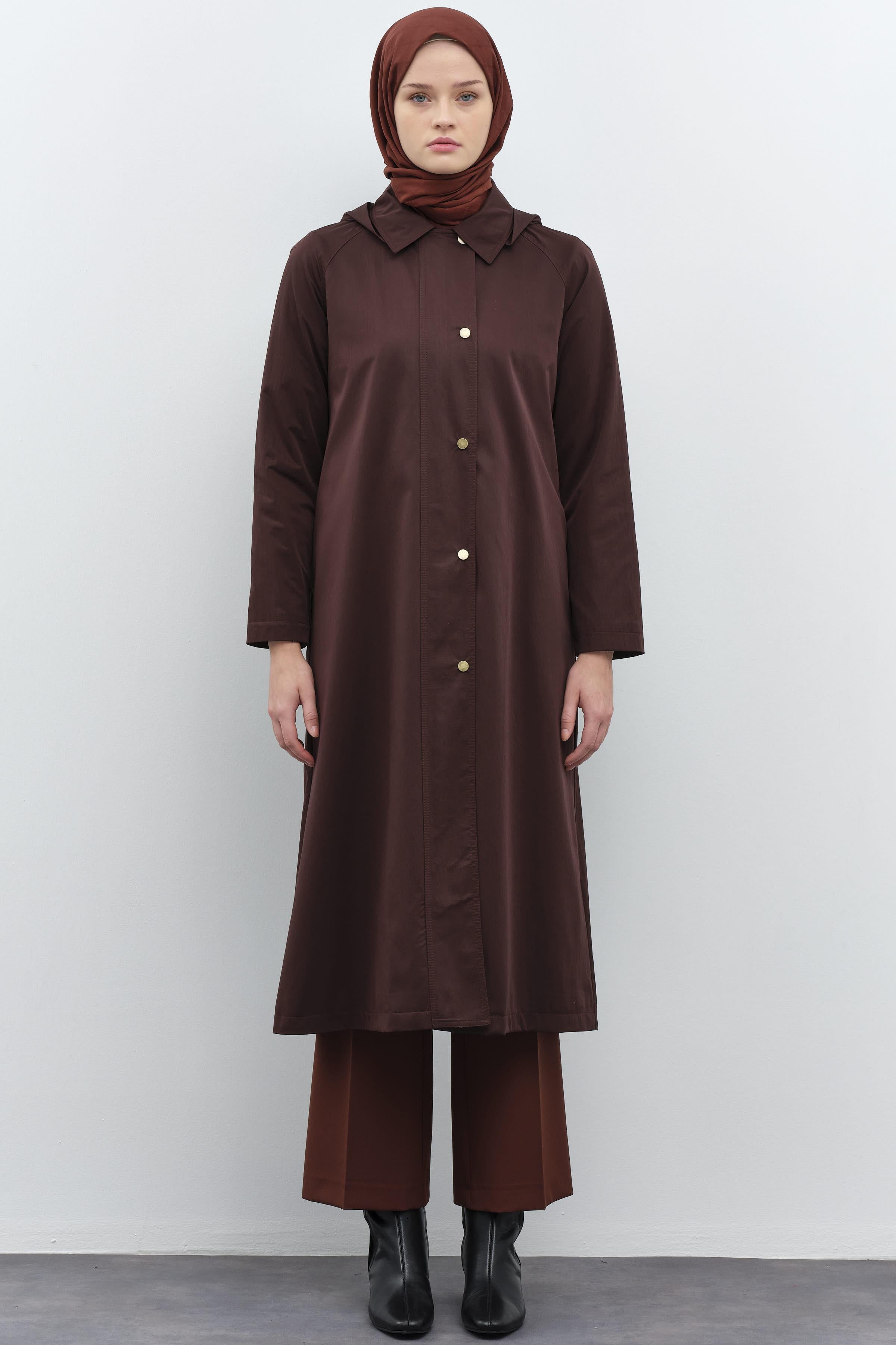 Leopar Astar Detaylı Kapüşonlu Trençkot - Kahve TUGBA