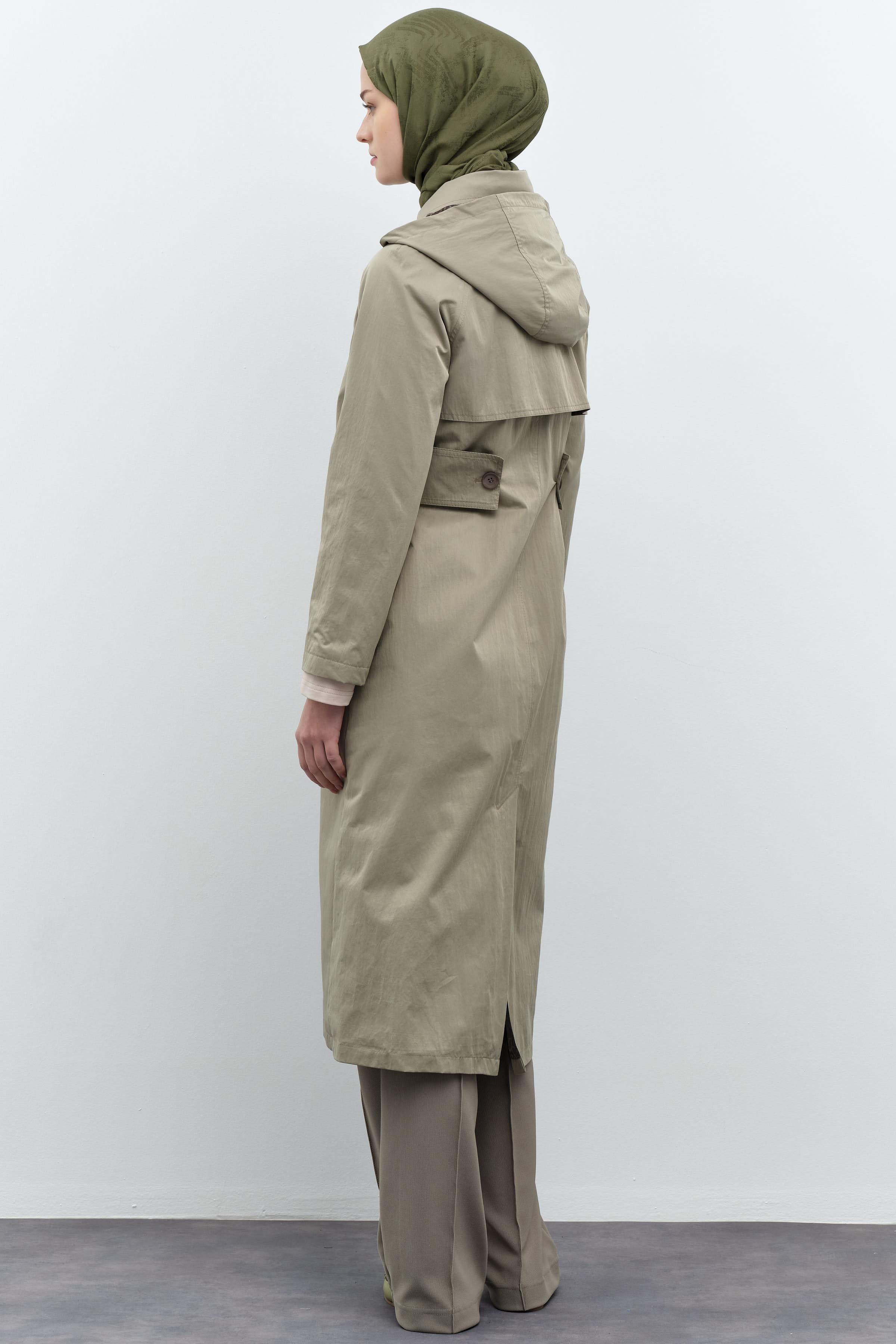 Leopar Astar Detaylı Kapüşonlu Trençkot - Mint TUGBA