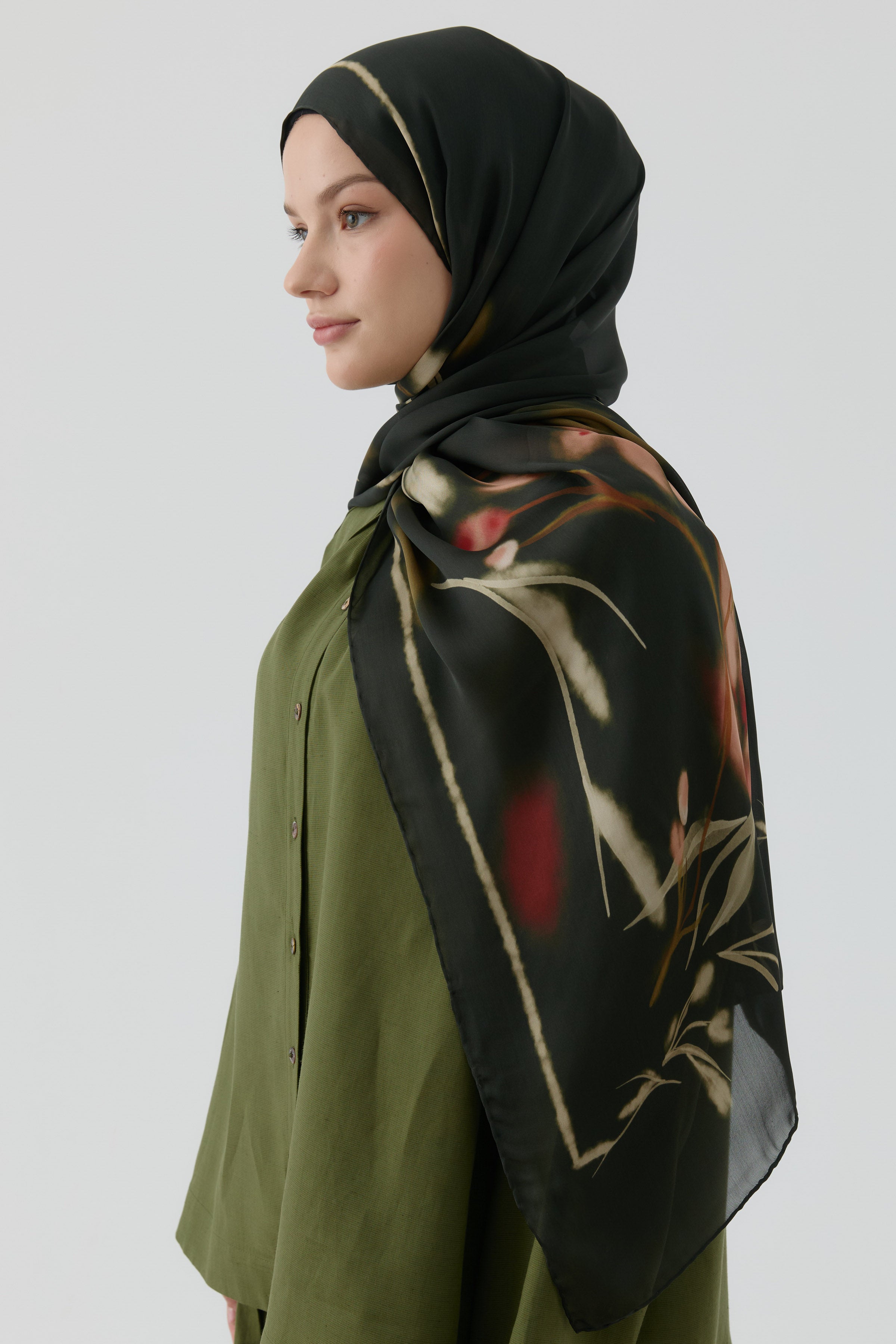Letafet Şifon İpek Şal - Koyu Haki TUGBA