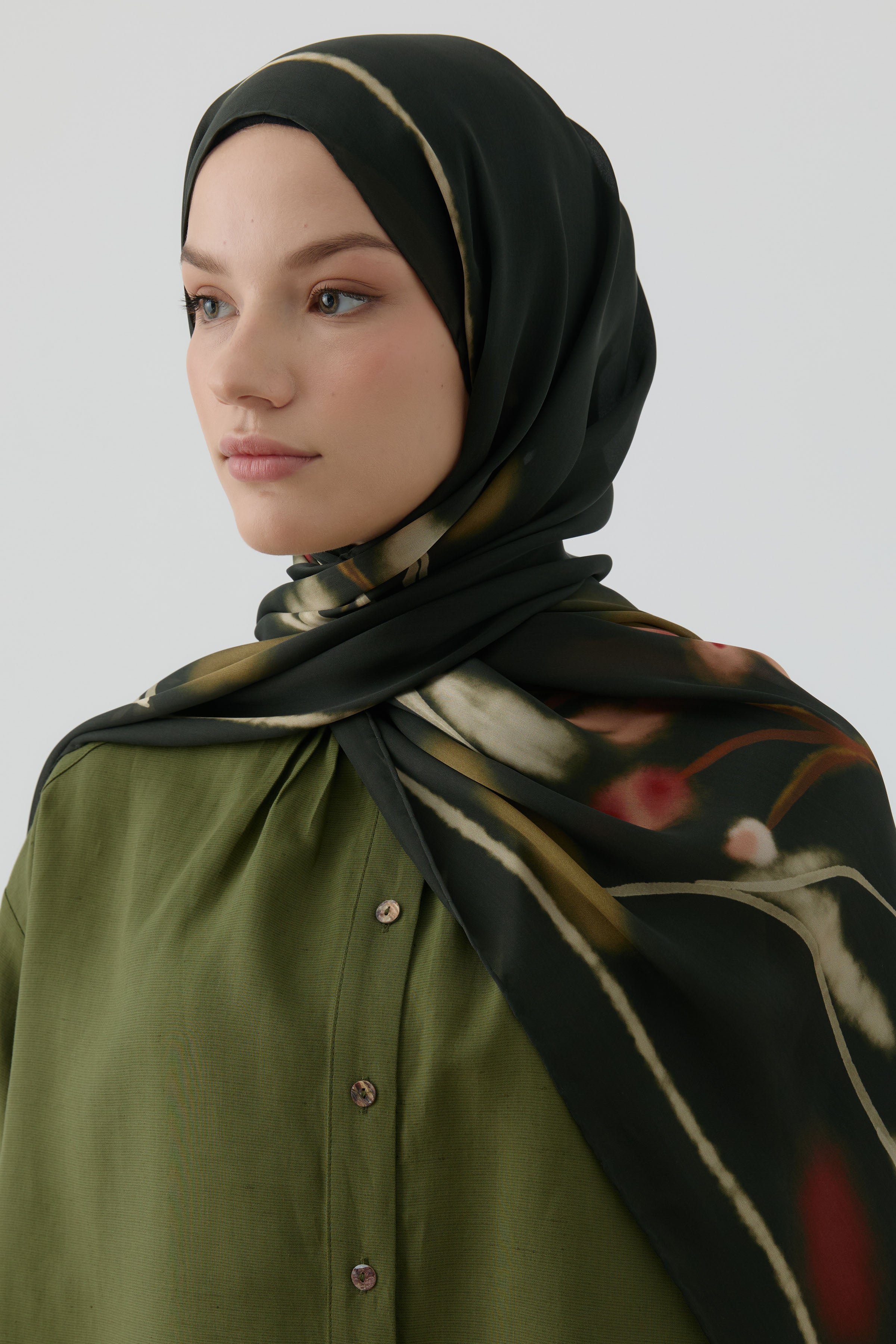 Letafet Şifon İpek Şal - Koyu Haki TUGBA