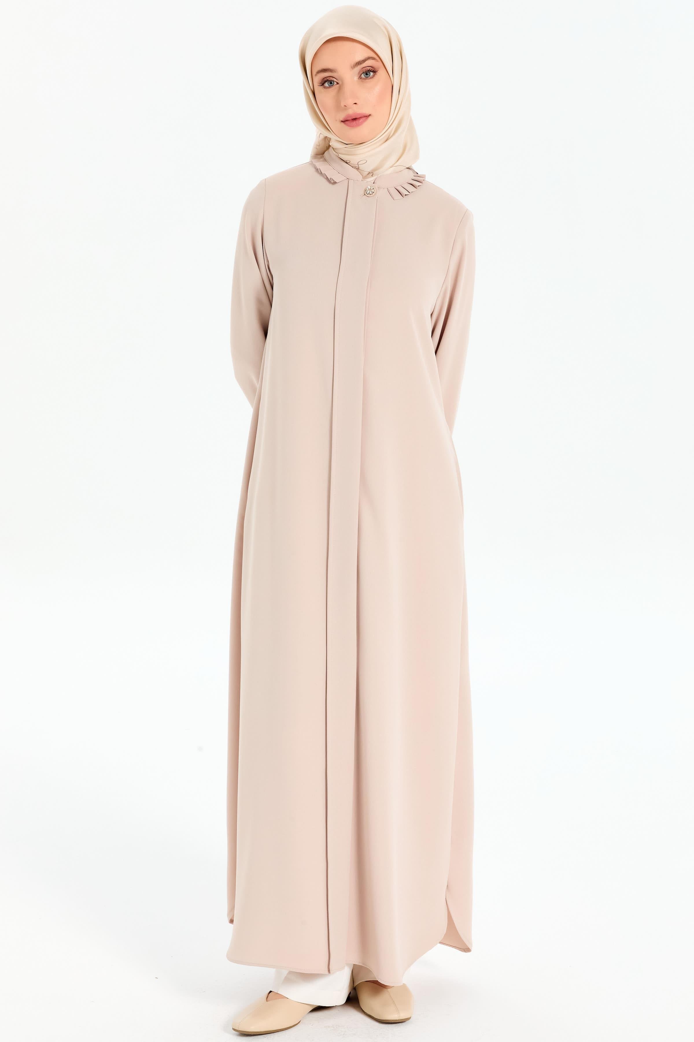 Manşet ve Yaka Çift Kat Pile Detaylı Ferace - Bej TUGBA