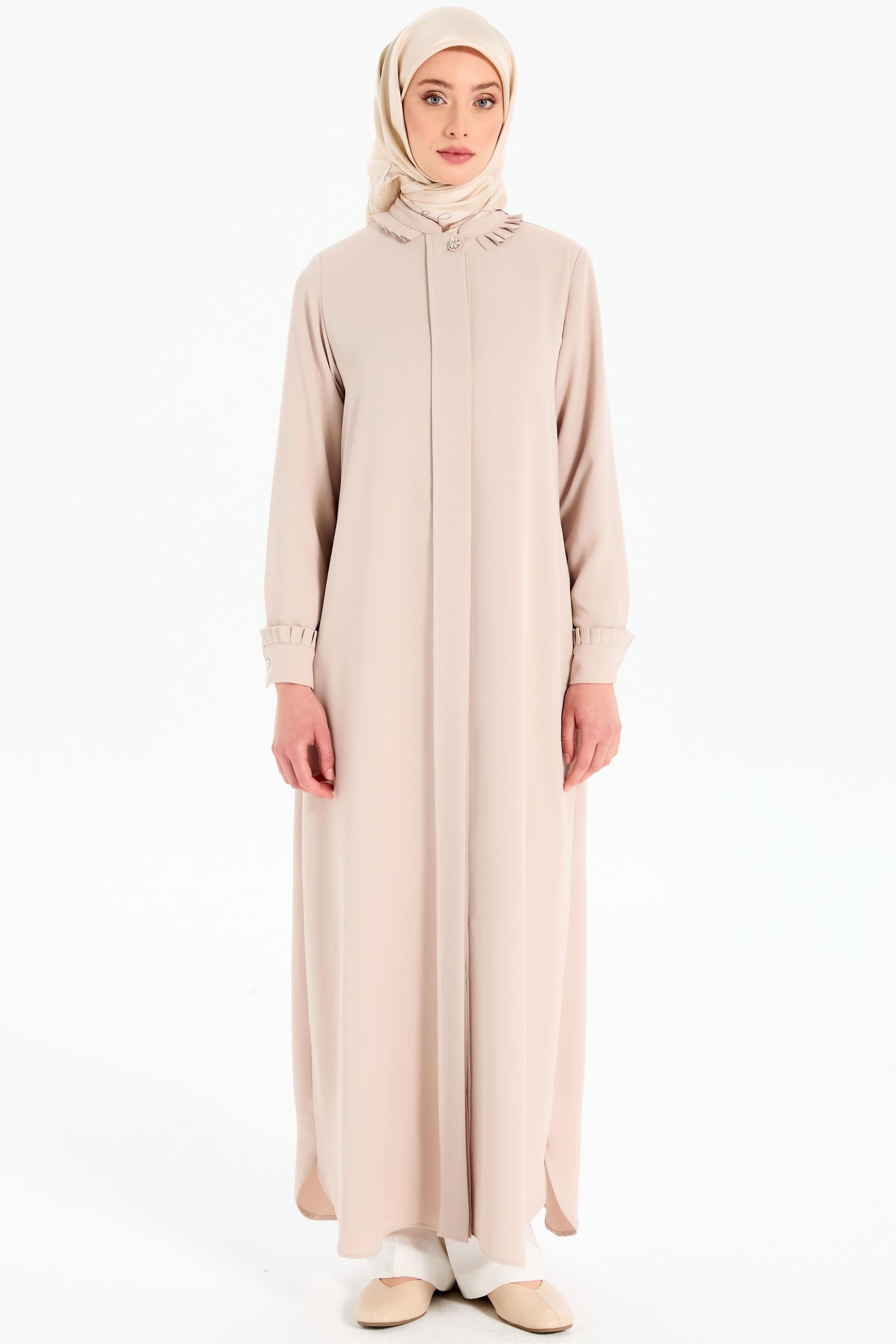 Manşet ve Yaka Çift Kat Pile Detaylı Ferace - Bej TUGBA