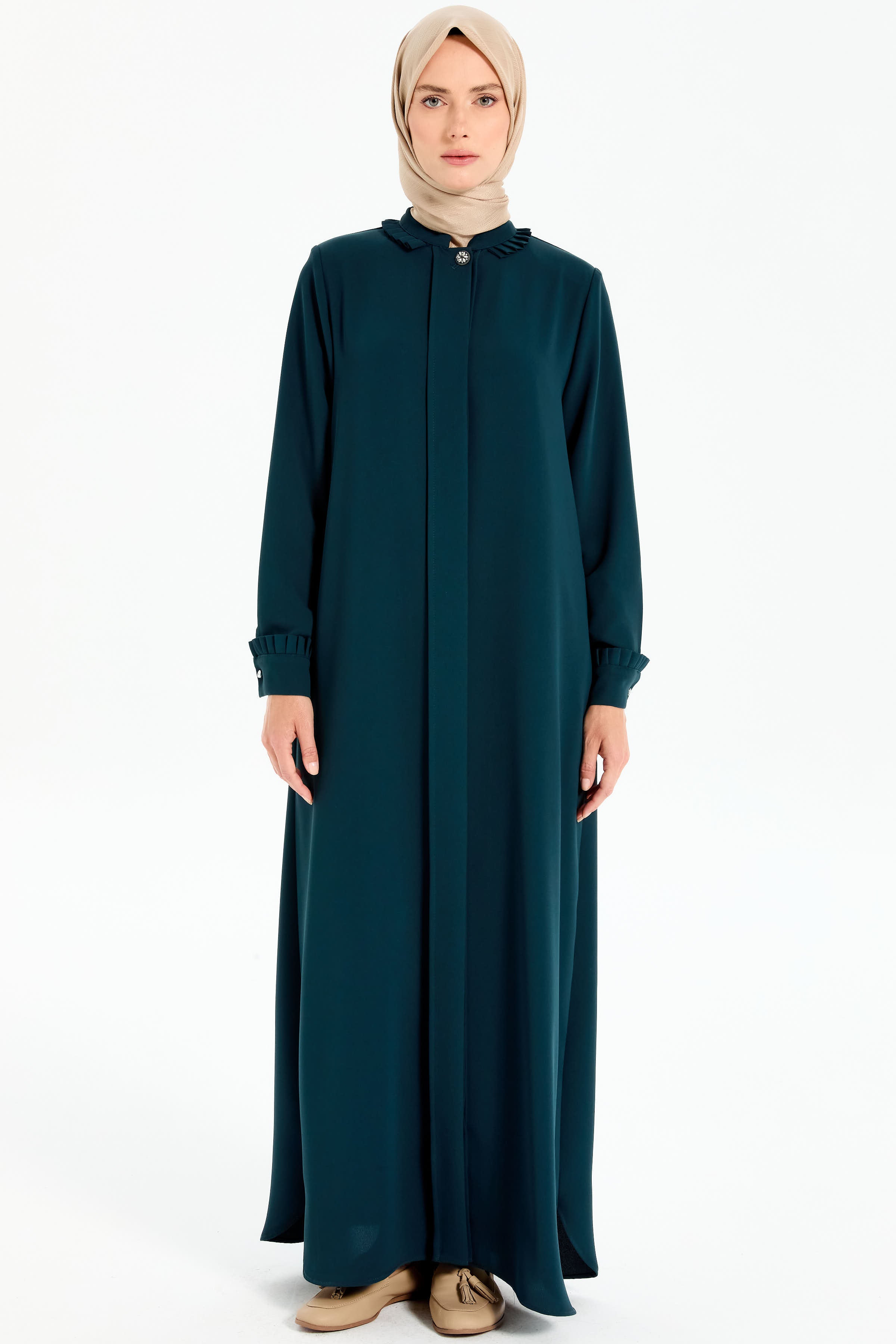 Manşet ve Yaka Çift Kat Pile Detaylı Ferace - Zümrüt TUGBA