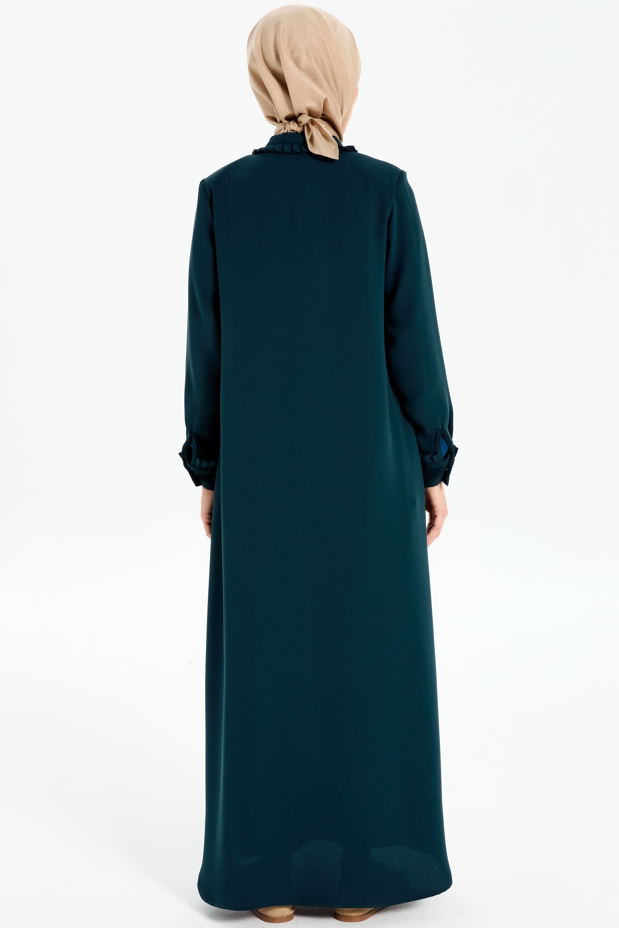 Manşet ve Yaka Çift Kat Pile Detaylı Ferace - Zümrüt TUGBA