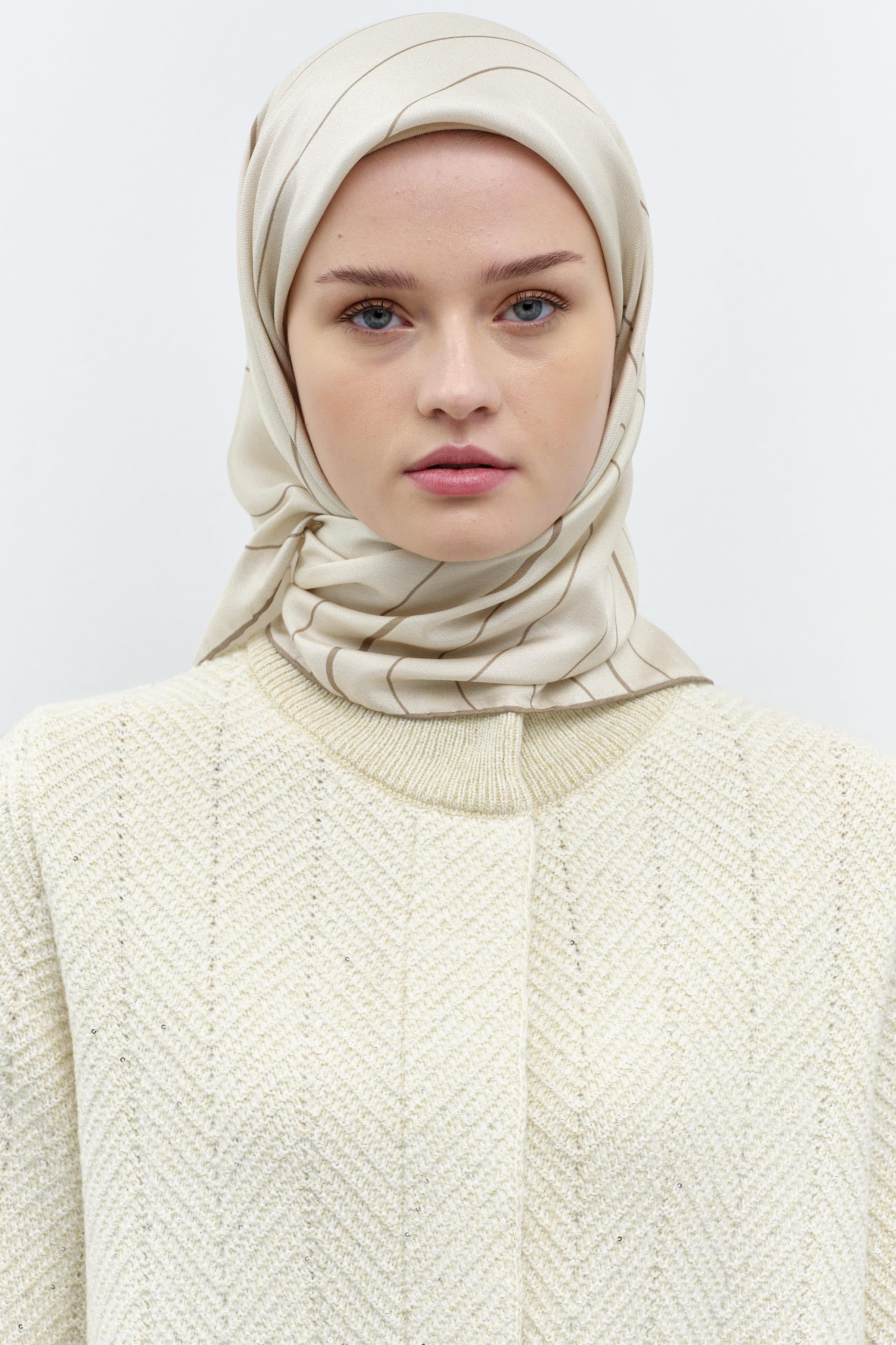 Mermer Desenli Twill İpek Eşarp - Bej TUGBA