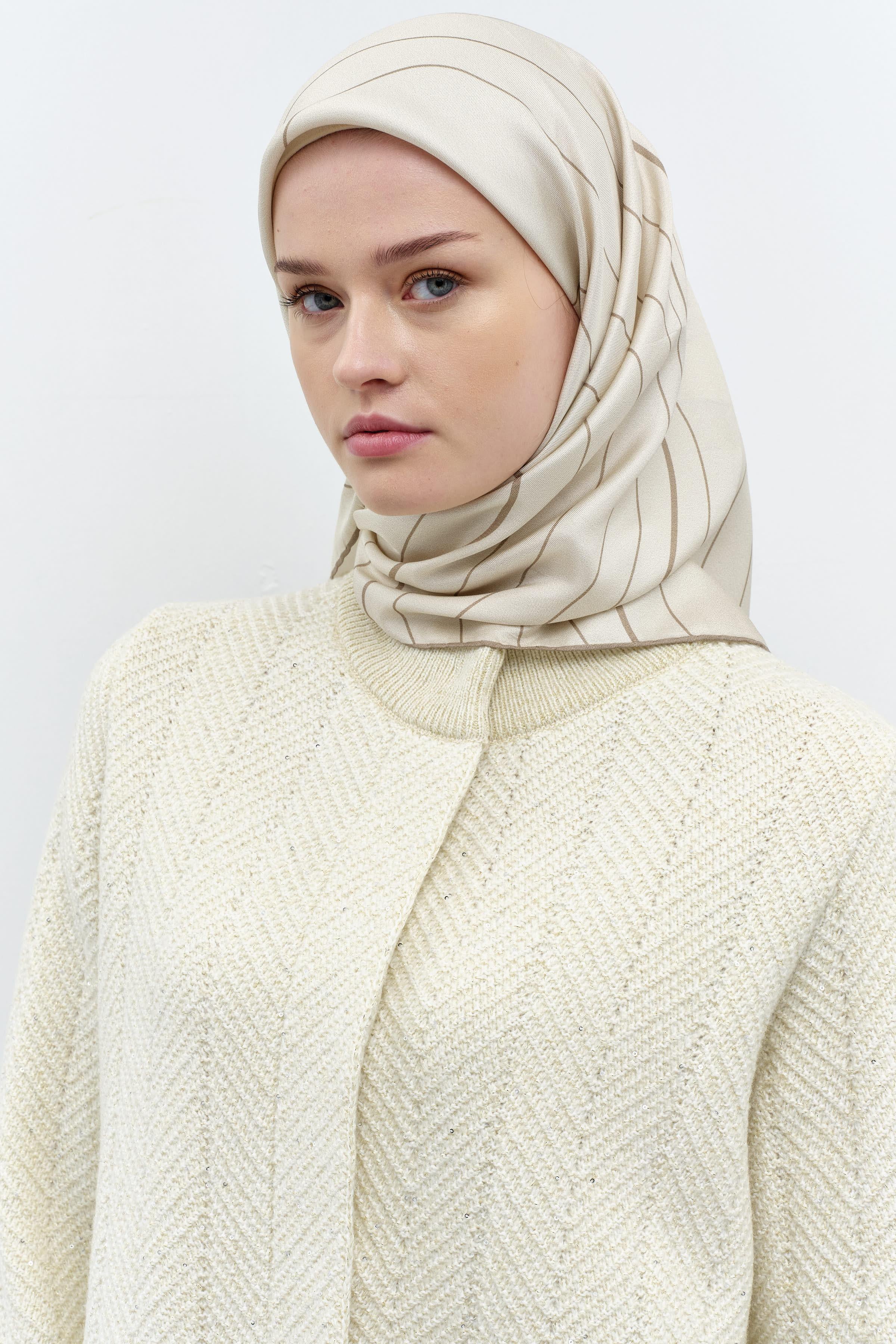 Mermer Desenli Twill İpek Eşarp - Bej TUGBA