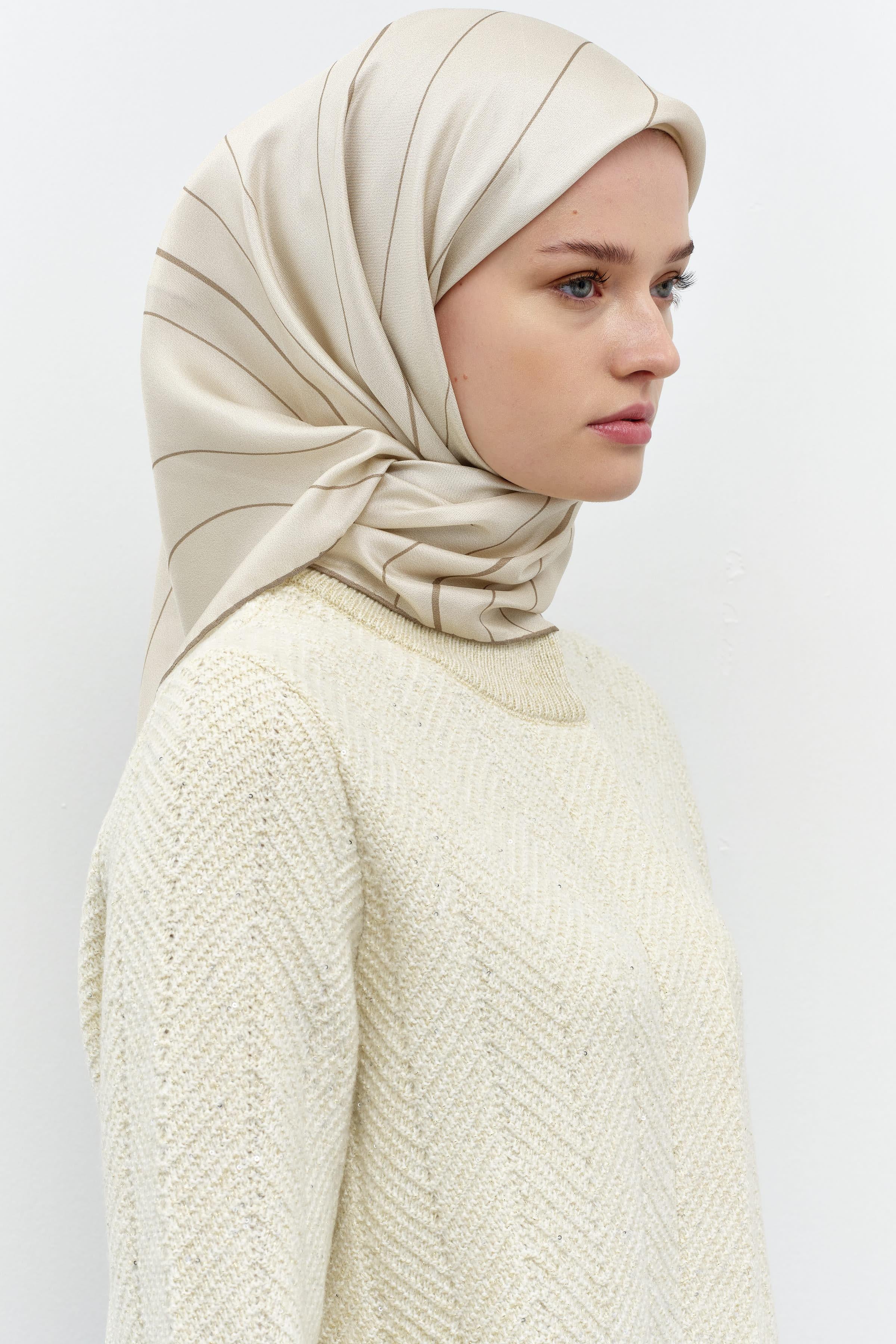 Mermer Desenli Twill İpek Eşarp - Bej TUGBA