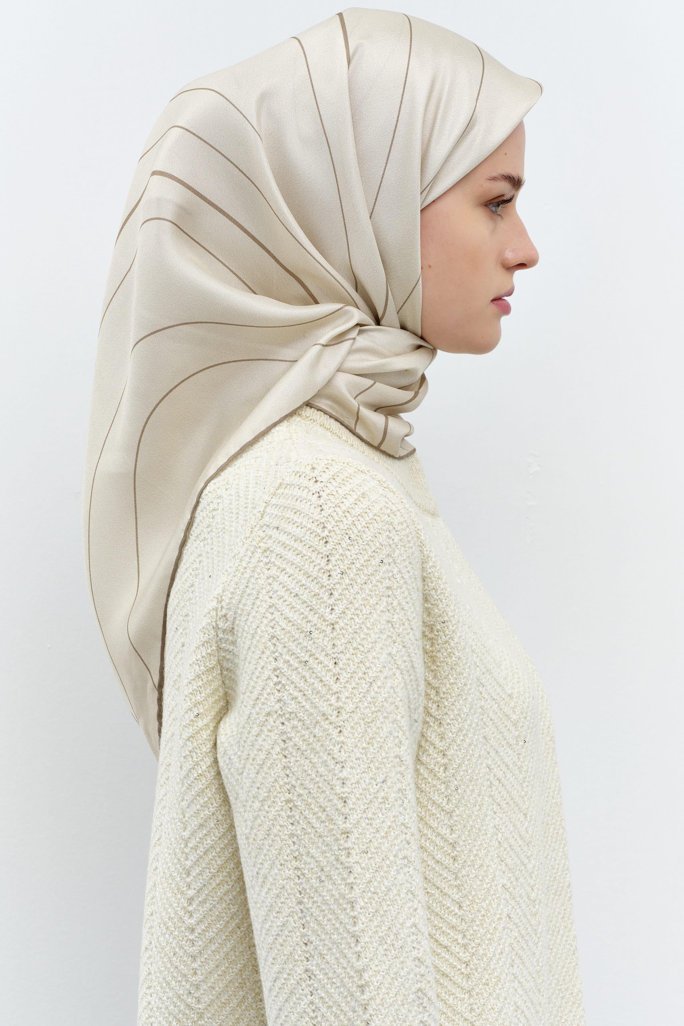 Mermer Desenli Twill İpek Eşarp - Bej TUGBA