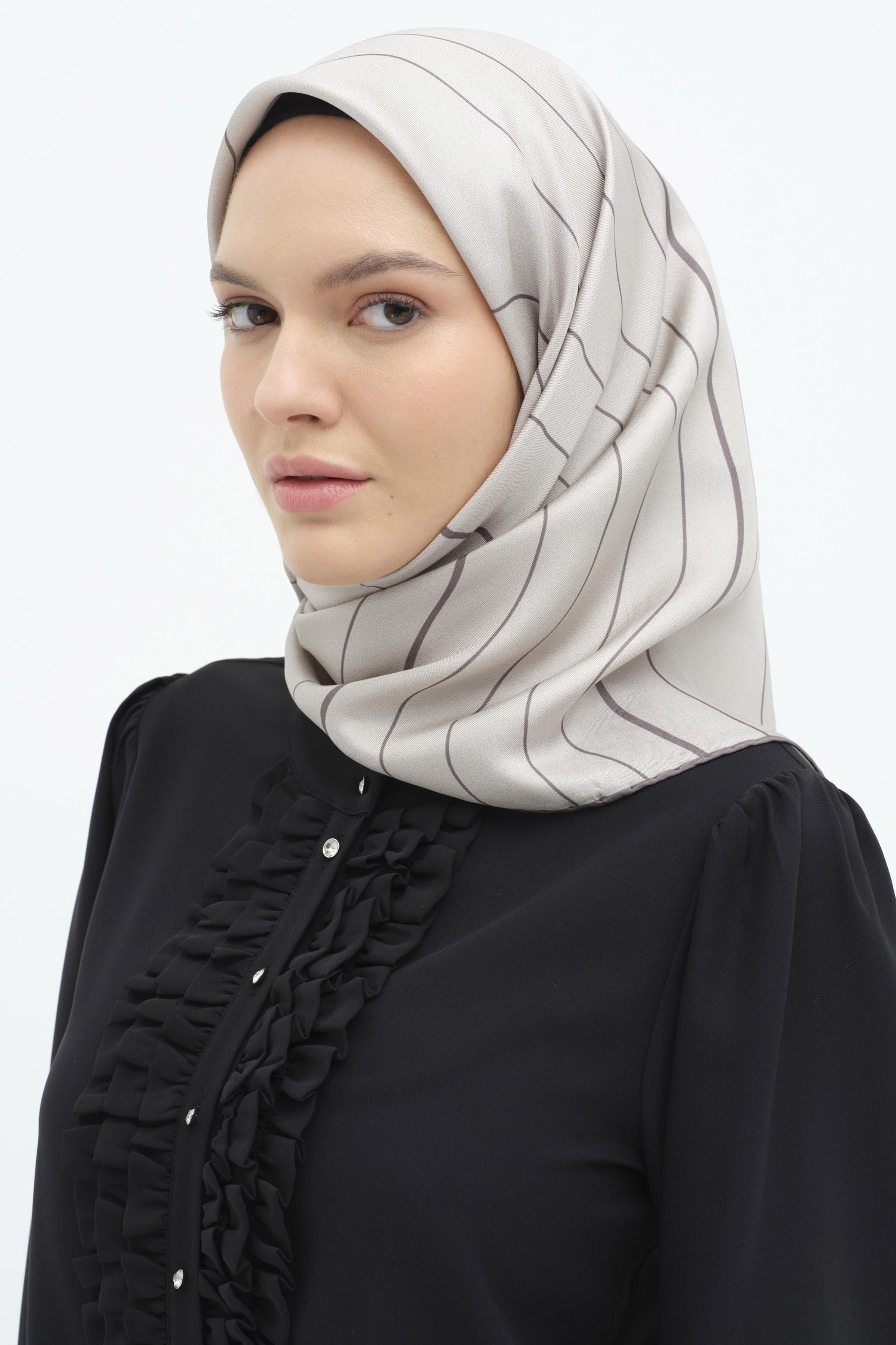 Mermer Desenli Twill İpek Eşarp - Gümüş TUGBA