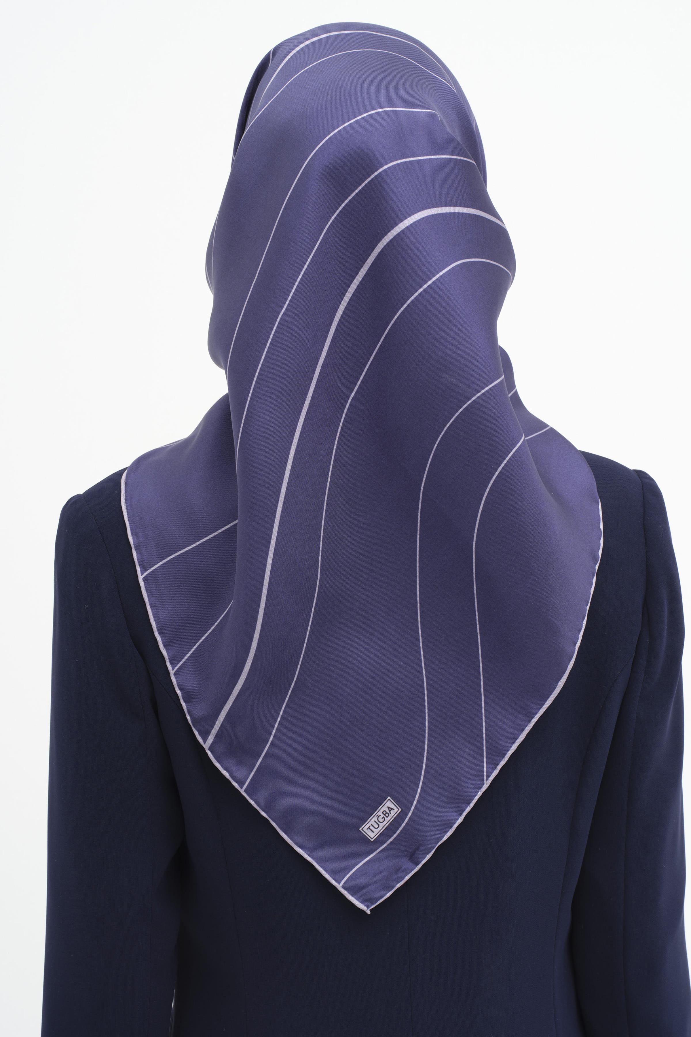 Mermer Desenli Twill İpek Eşarp - Lacivert TUGBA