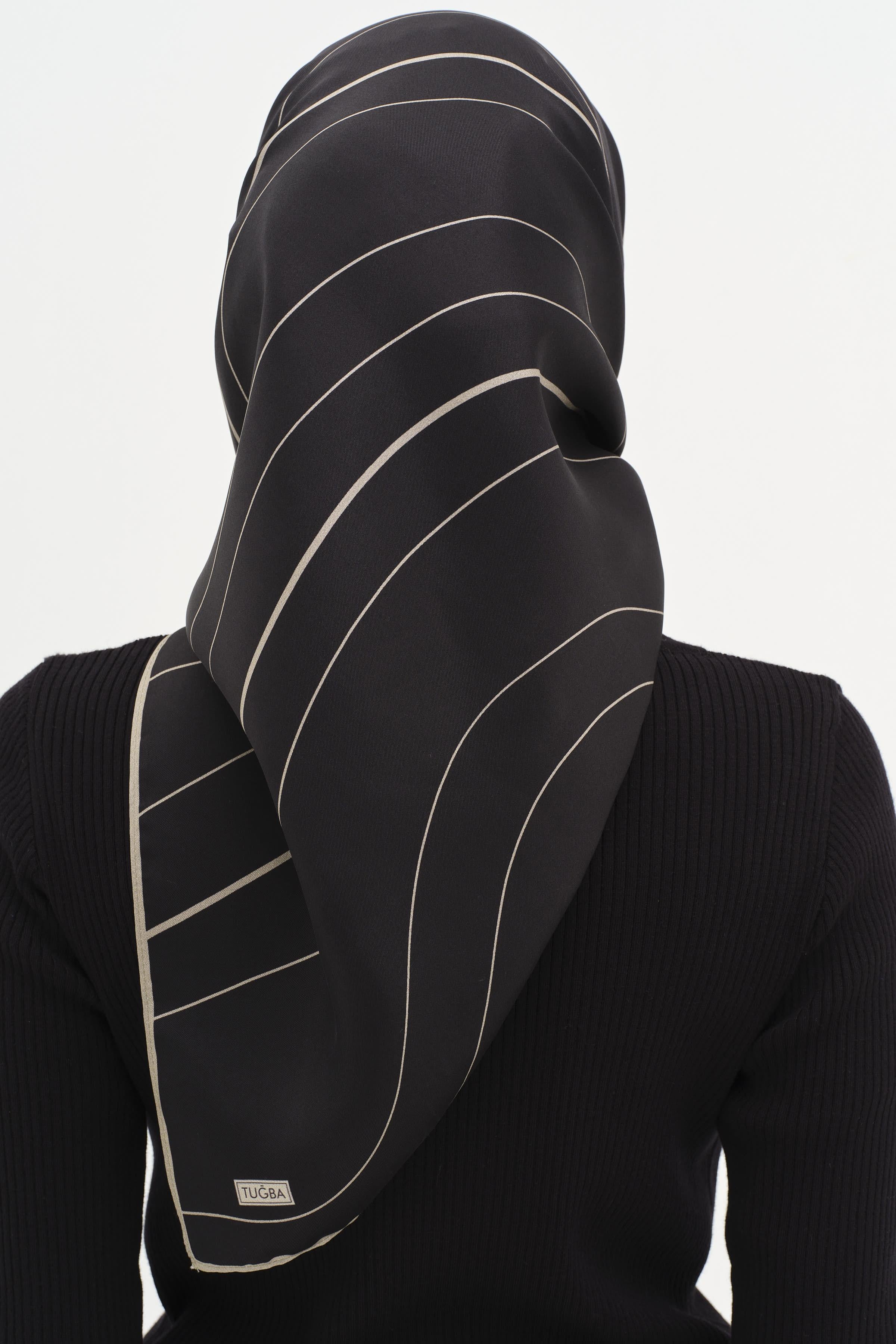 Mermer Desenli Twill İpek Eşarp - Siyah TUGBA