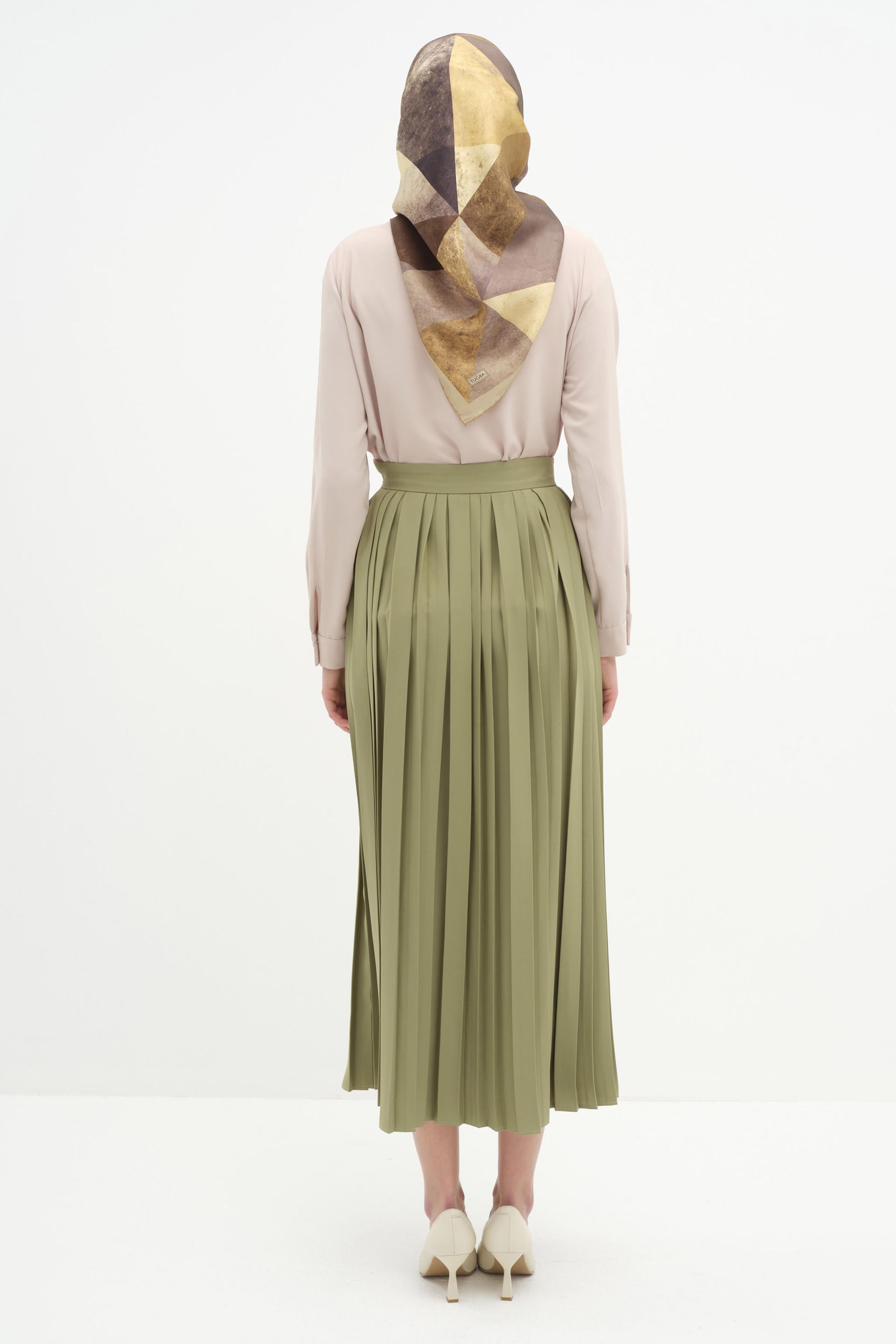 Metal Aksesuarlı Plise Etek - Haki TUGBA