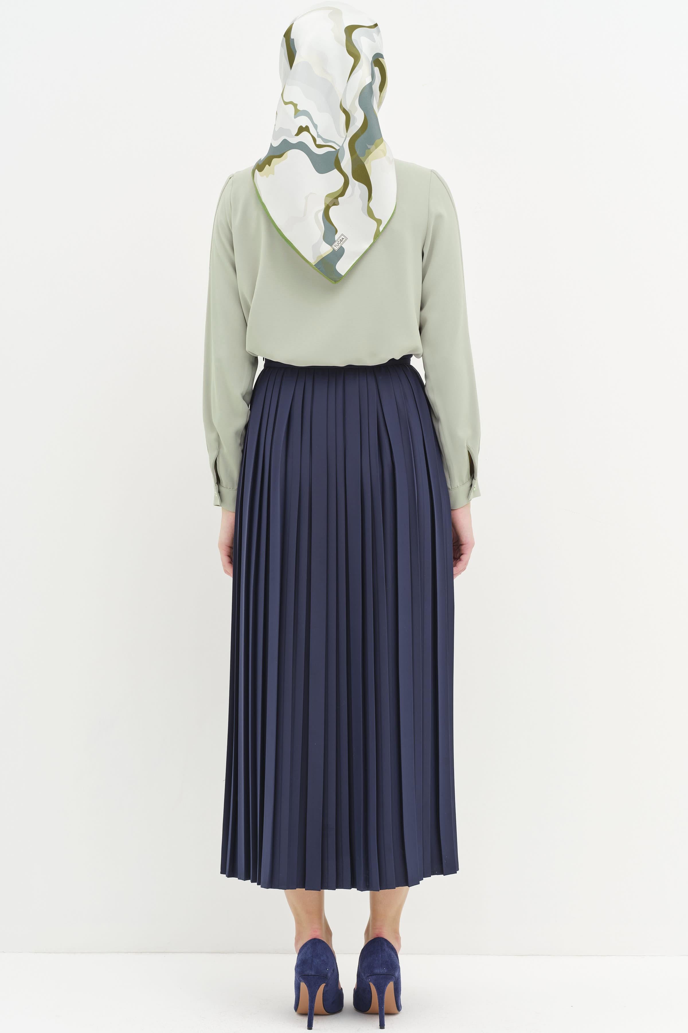 Metal Aksesuarlı Plise Etek - Lacivert TUGBA